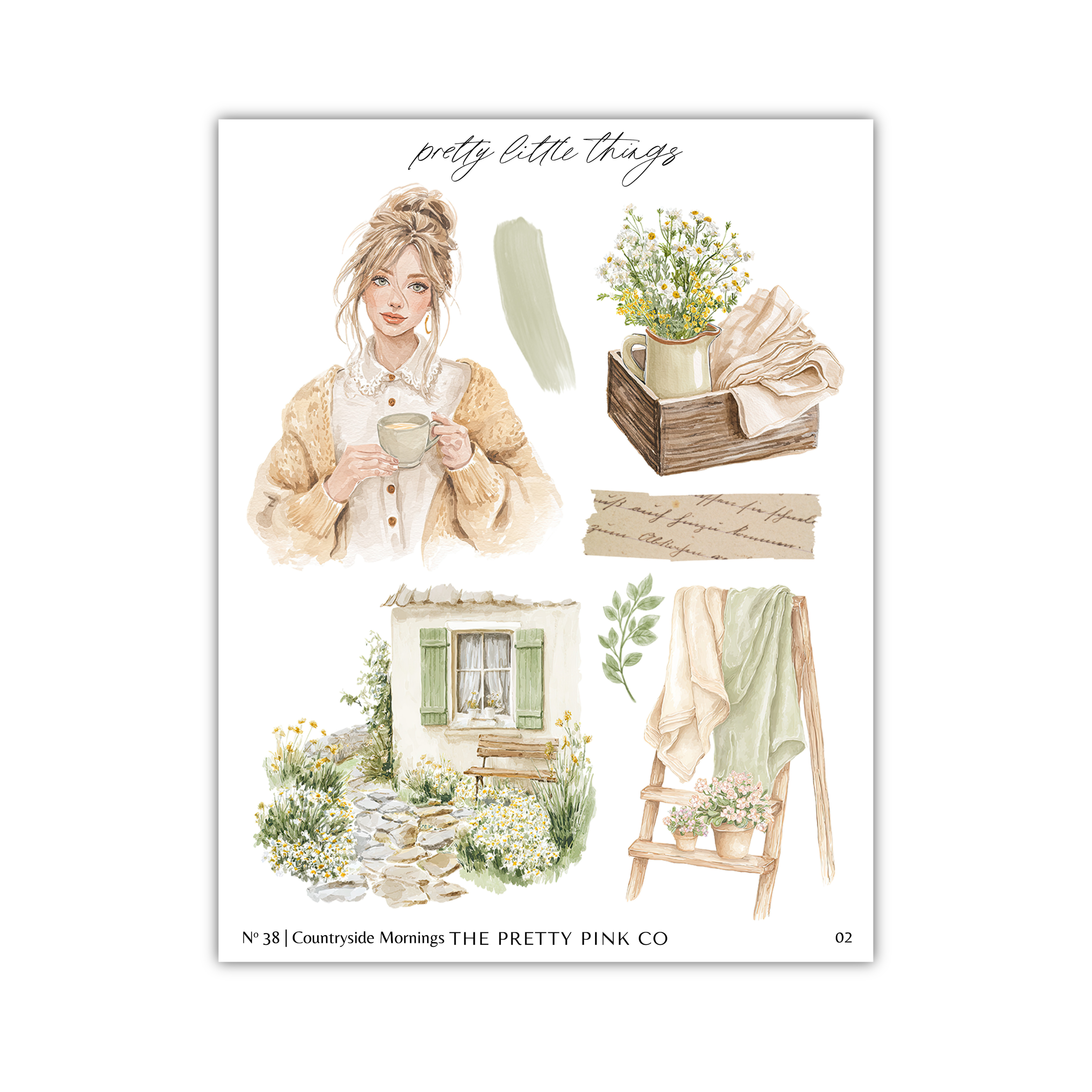 The image is a collage of various illustrations, including a woman holding a cup, a potted plant, a house, and a ladder.