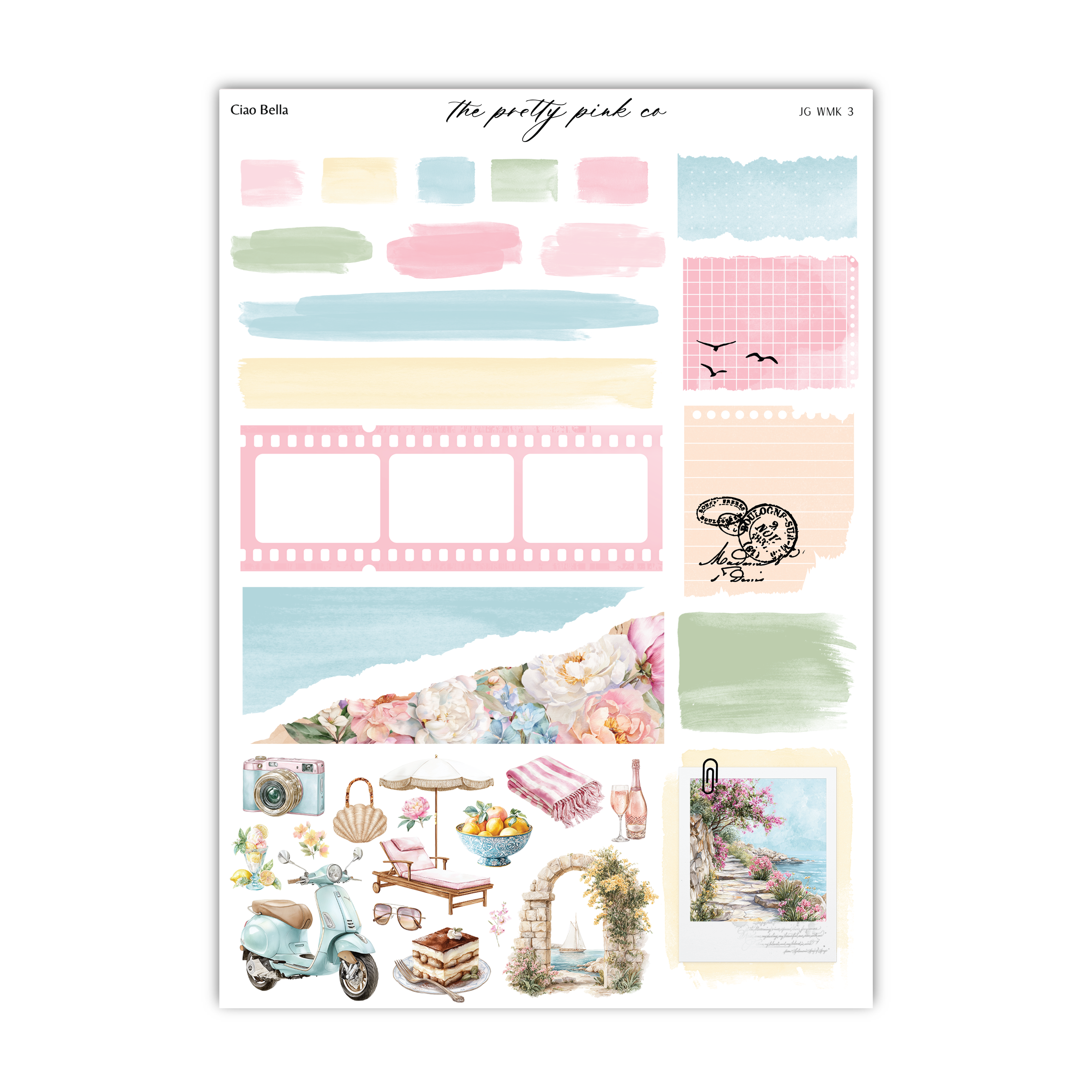 The image is a collage of various colorful and artistic elements, including a scooter, flowers, birds, and a sunset.