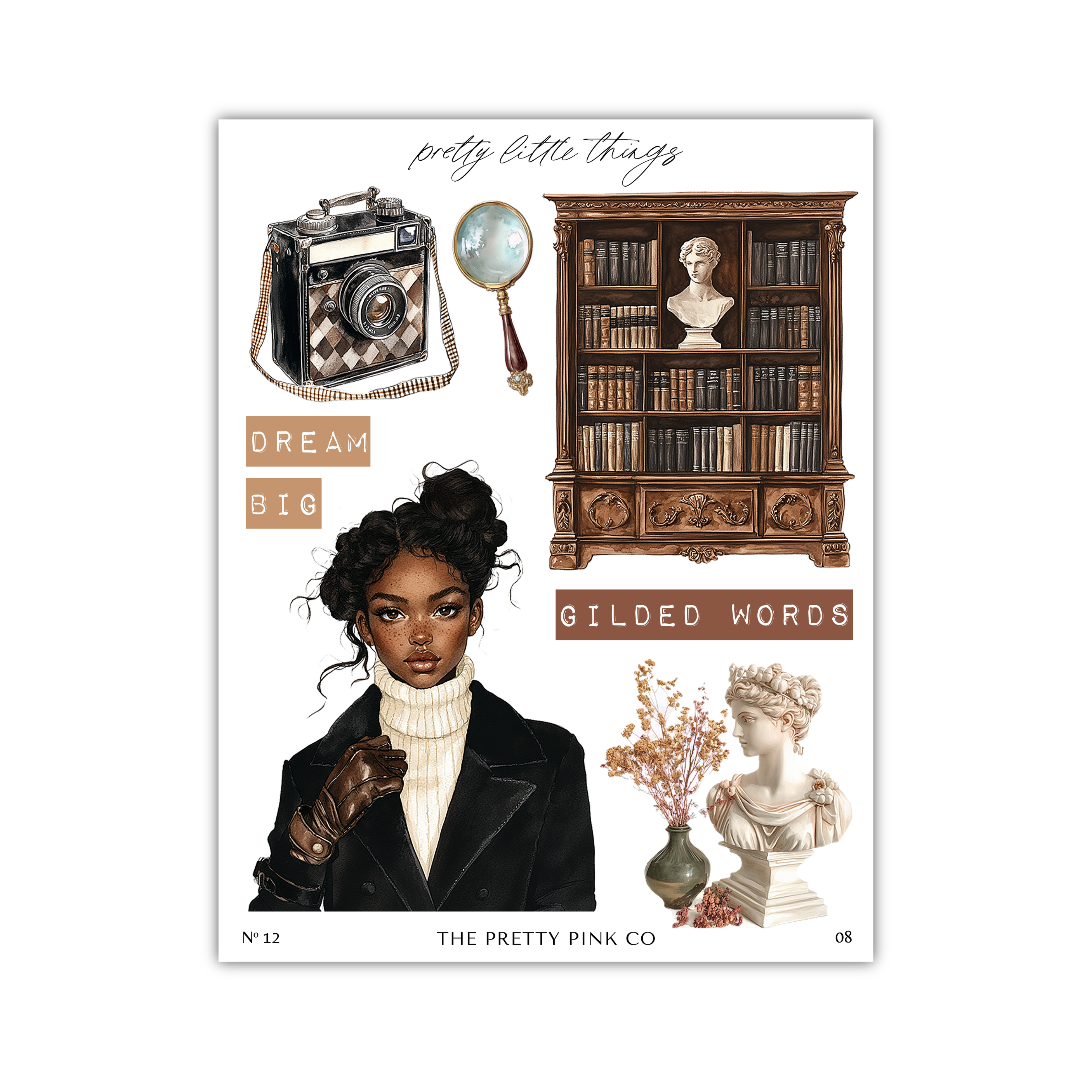 The image is a collage of various objects and a woman, including a camera, a bookshelf, a bust, a vase, and a woman's portrait.
