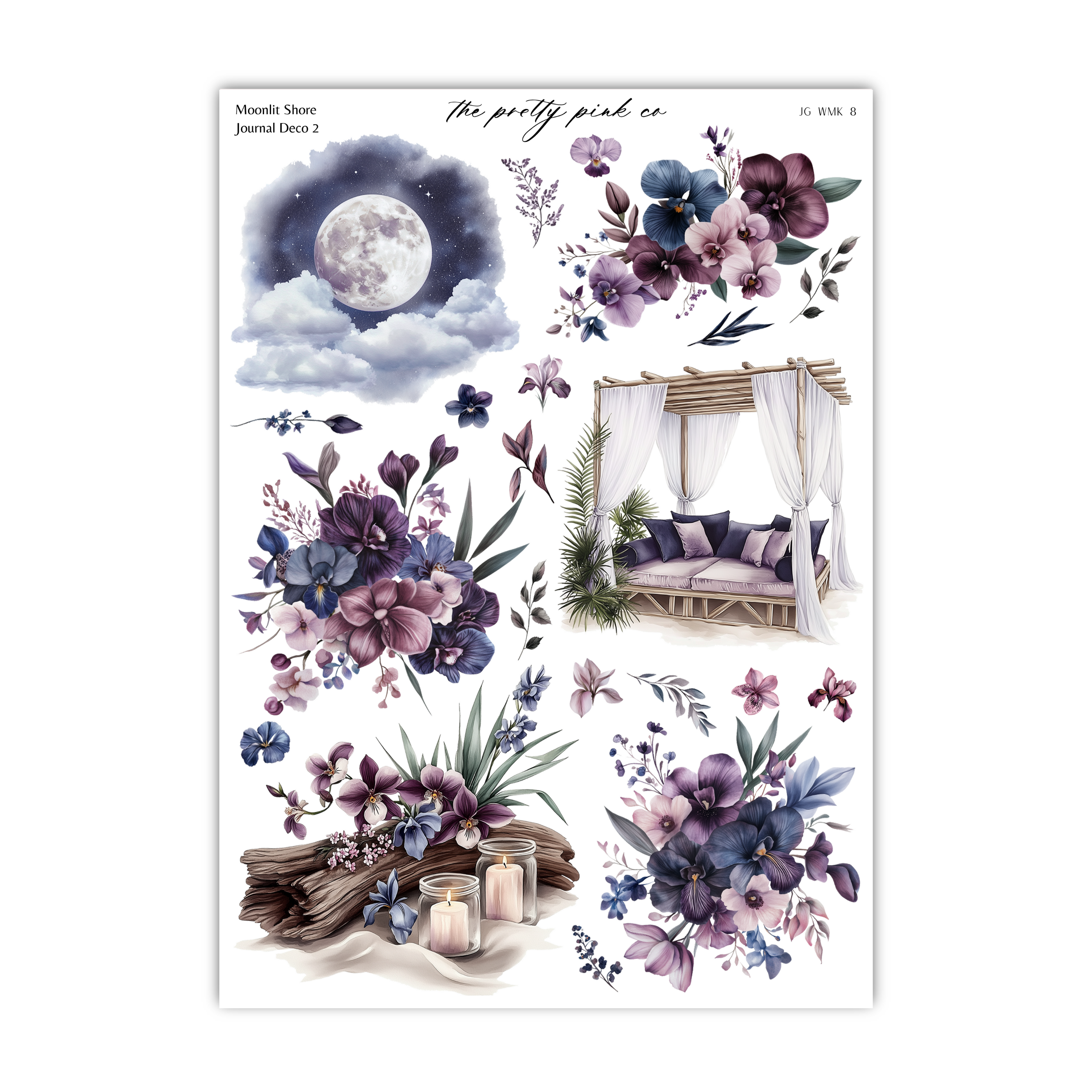 a sheet of stickers with flowers and a bed