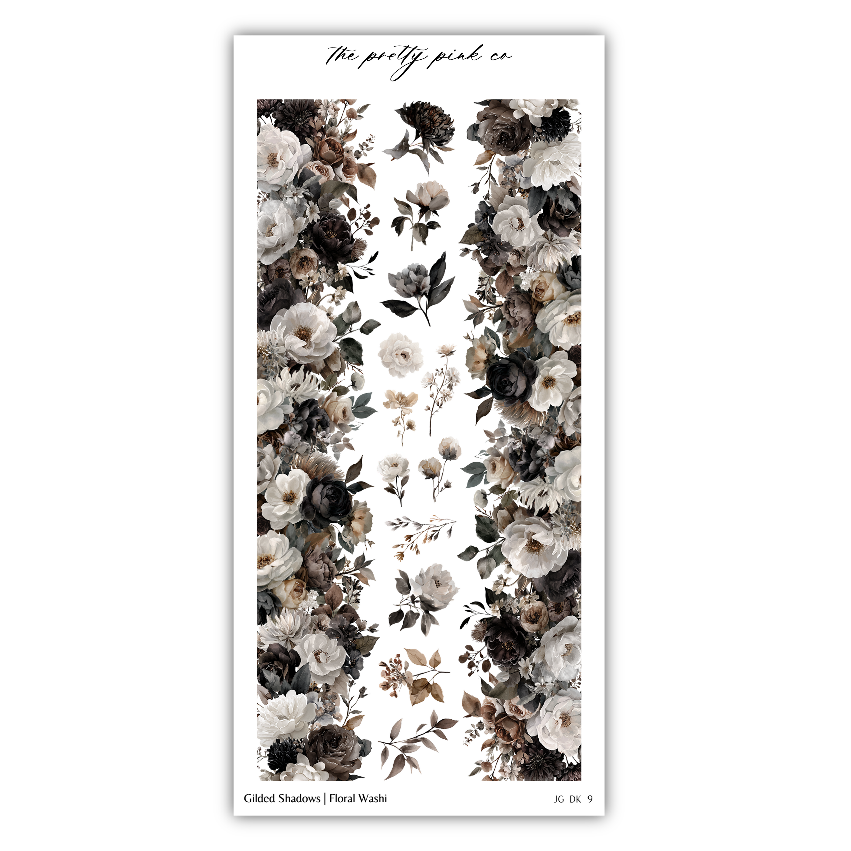 The image is a collage of various floral designs, including a variety of flowers and leaves in shades of white, black, and brown. The collage is titled "Gilded Shadows | Floral Washi" and includes the text "The pretty pink co" at the top.