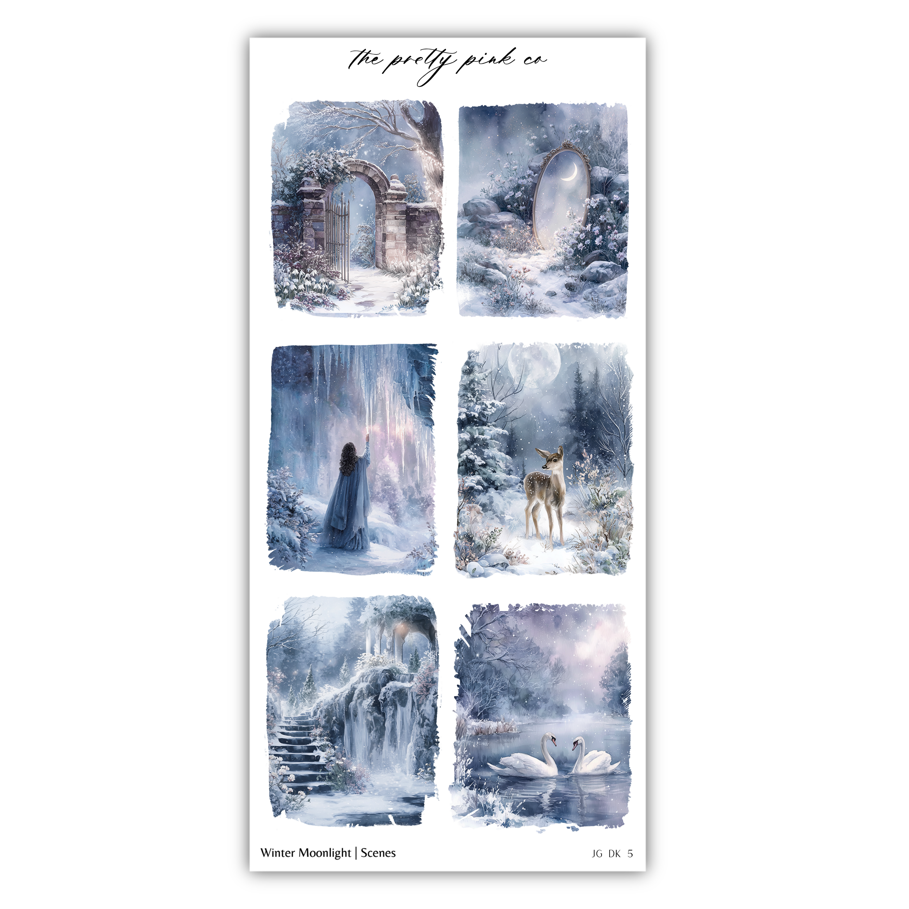 The image is a collage of six winter-themed scenes, each depicting a different snowy landscape or winter activity.