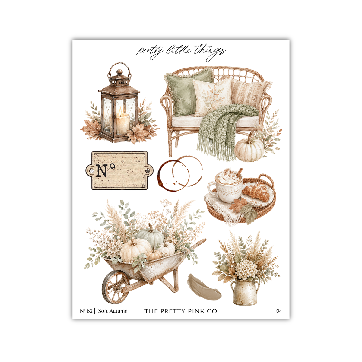 The image is a collection of various fall-themed items, including a lantern, a bench, pumpkins, a basket, a vase, and a sign.