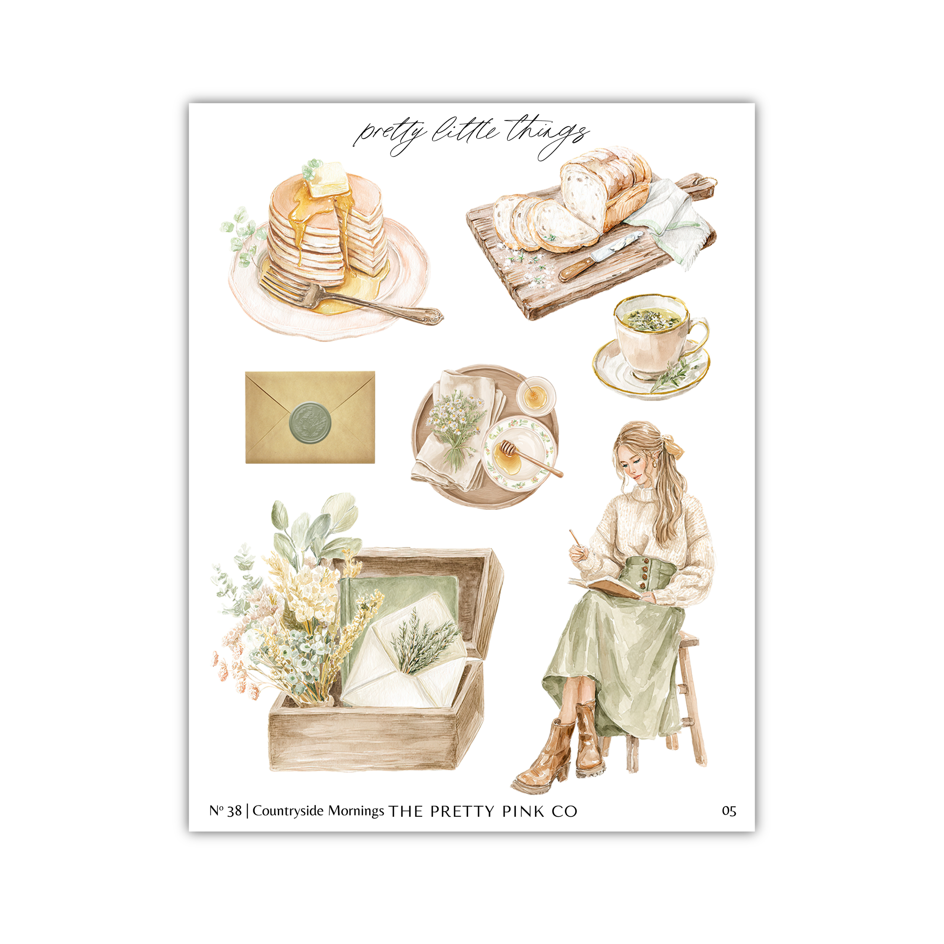 The image is a collage of various illustrations, including a stack of pancakes, a plate of bread, a cup of tea, a woman reading a book, a box of flowers, and a wooden box.