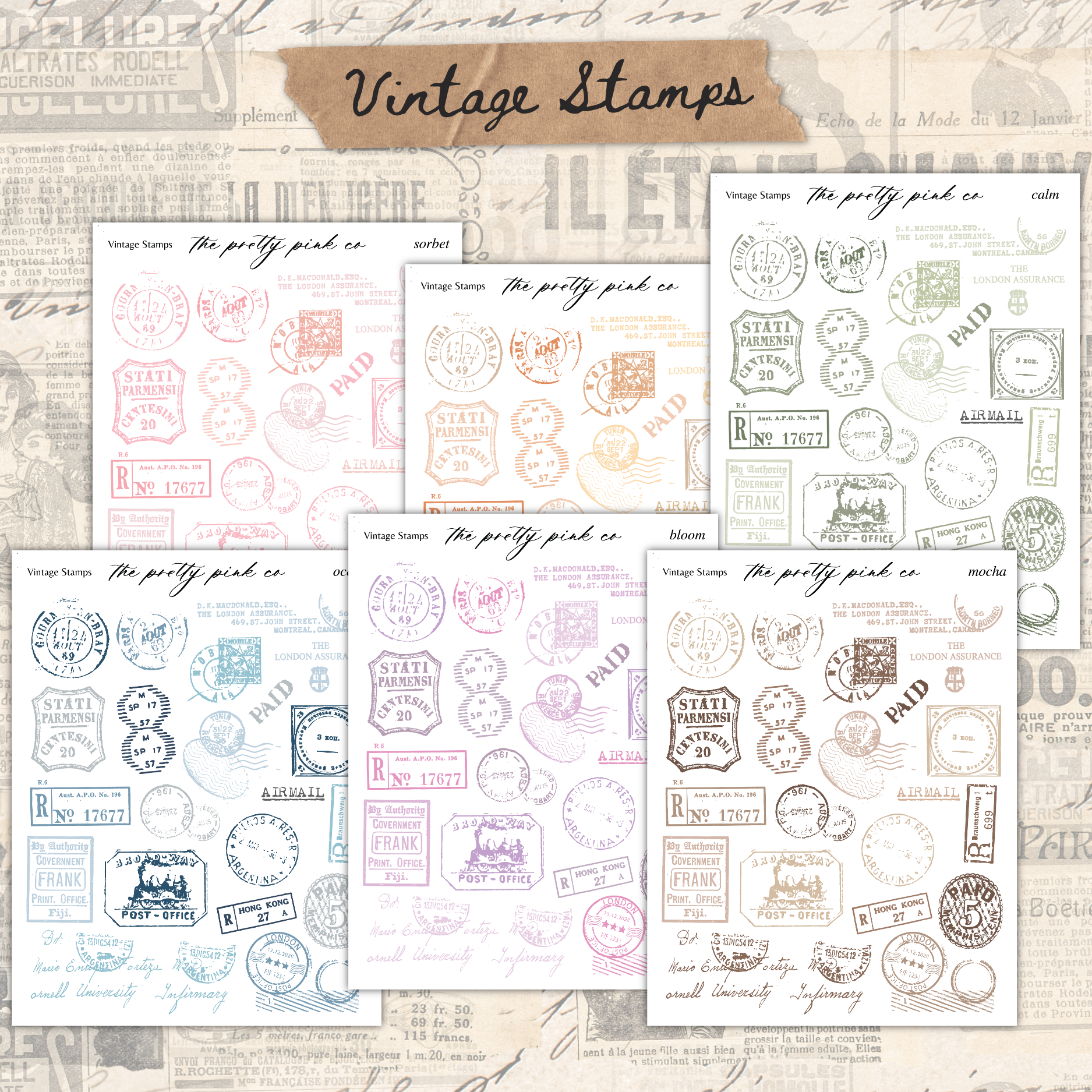 a collection of vintage postage stamps from The Pretty Pink Co. The stamps are arranged in a collage-like manner, showcasing various designs and postmarks.