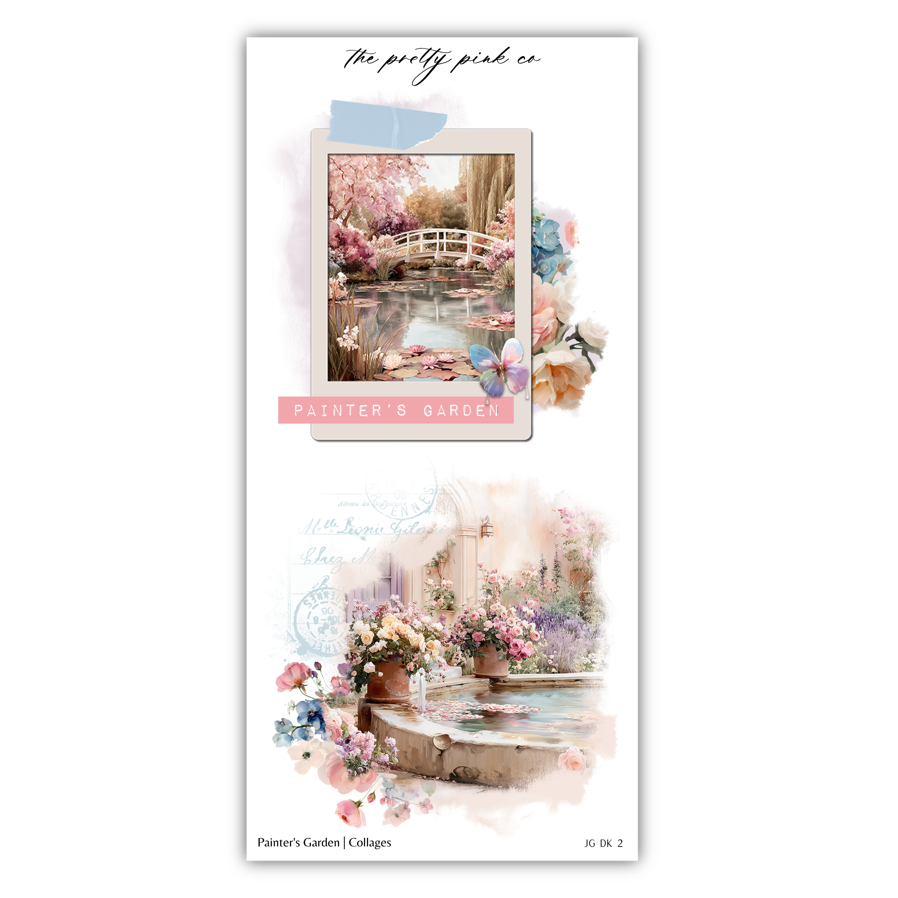 The image is a collage featuring a serene garden scene with a pond, flowers, and a bridge. The collage includes two separate images: one depicting a tranquil pond surrounded by blooming flowers, and another showing a picturesque garden with a fountain and lush greenery. The collage is titled "The pretty pink co" and is part of the "Painter's Garden" series, as indicated by the text at the bottom.