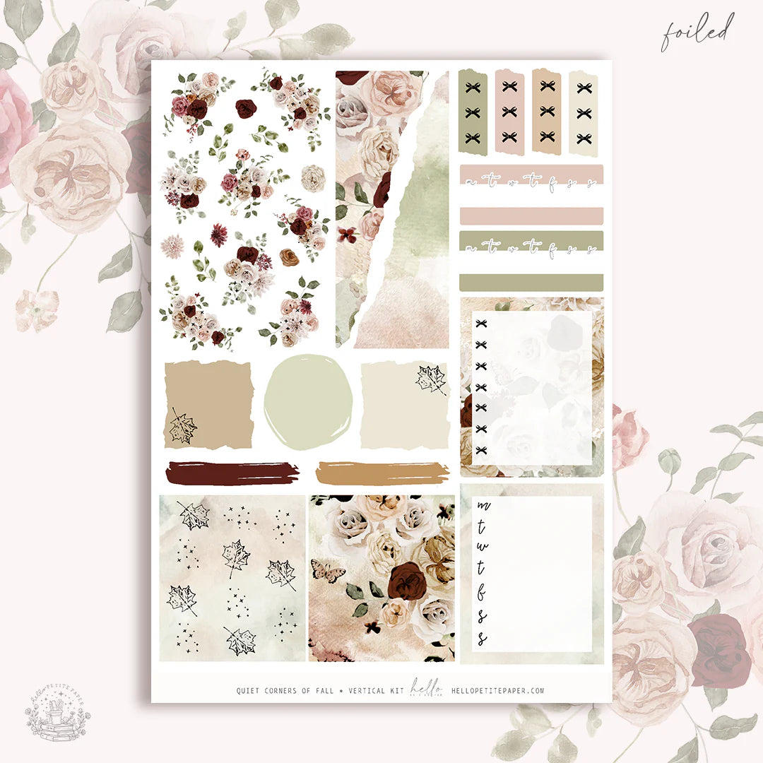 The image is a collage of various floral and autumn-themed elements, including flowers, leaves, and other natural motifs. The collage is set against a pink background with floral patterns, creating a visually appealing and harmonious composition.