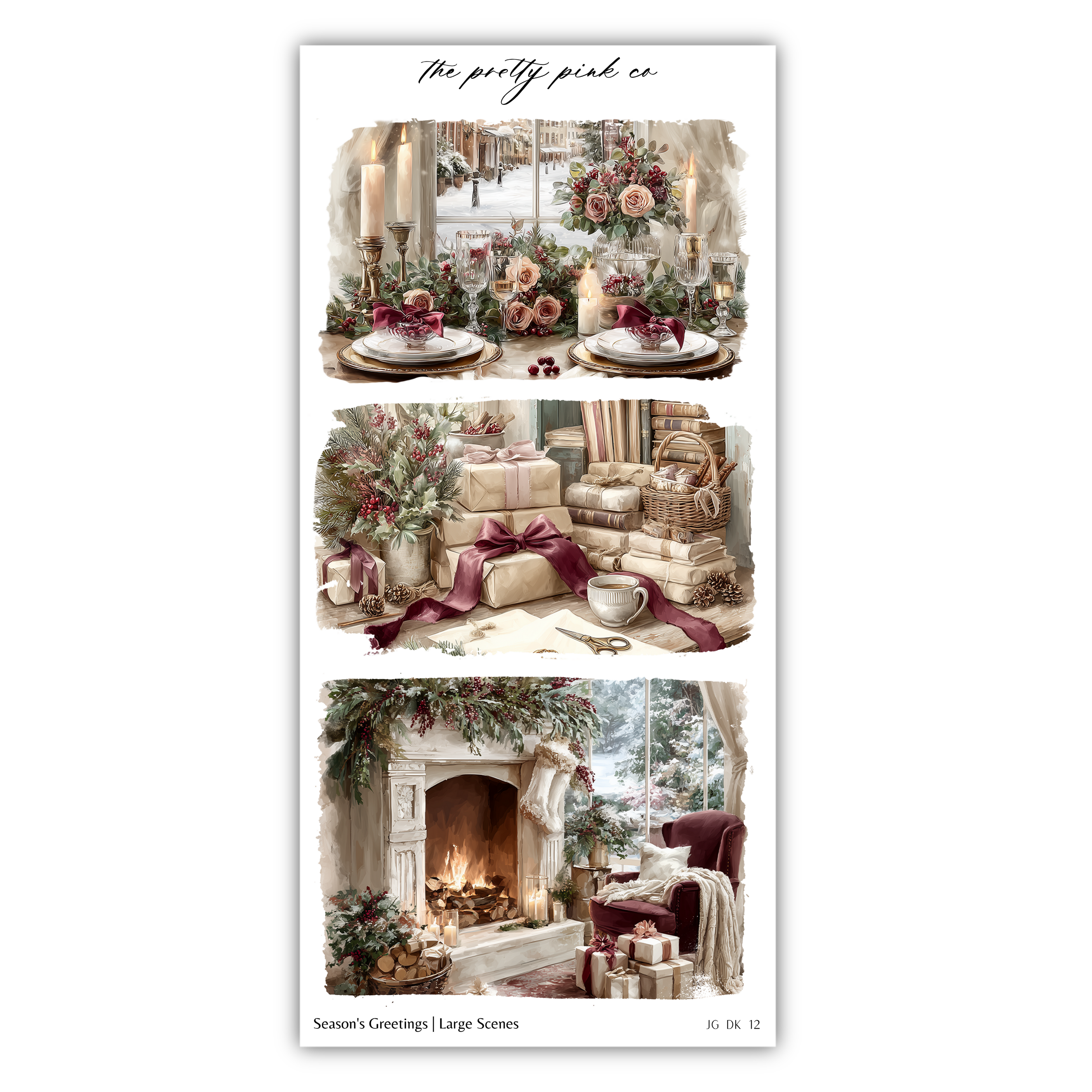 The image is a collage of three pictures depicting various scenes related to holiday decorating and gift-giving.