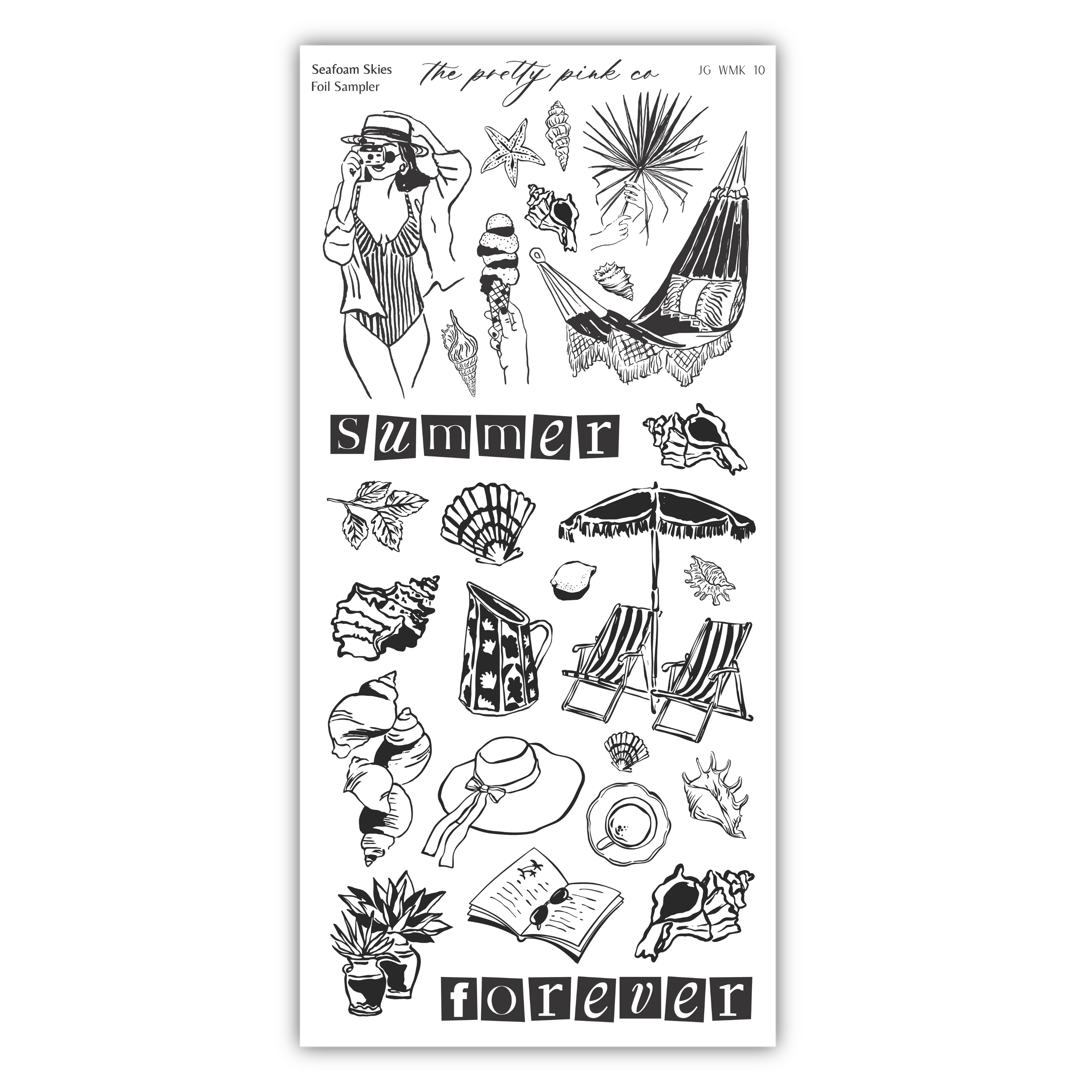 various summer-themed illustrations, including a woman in a swimsuit, beach umbrellas, potted plants, and other summer objects. The text "Summer forever" is also present in the image.