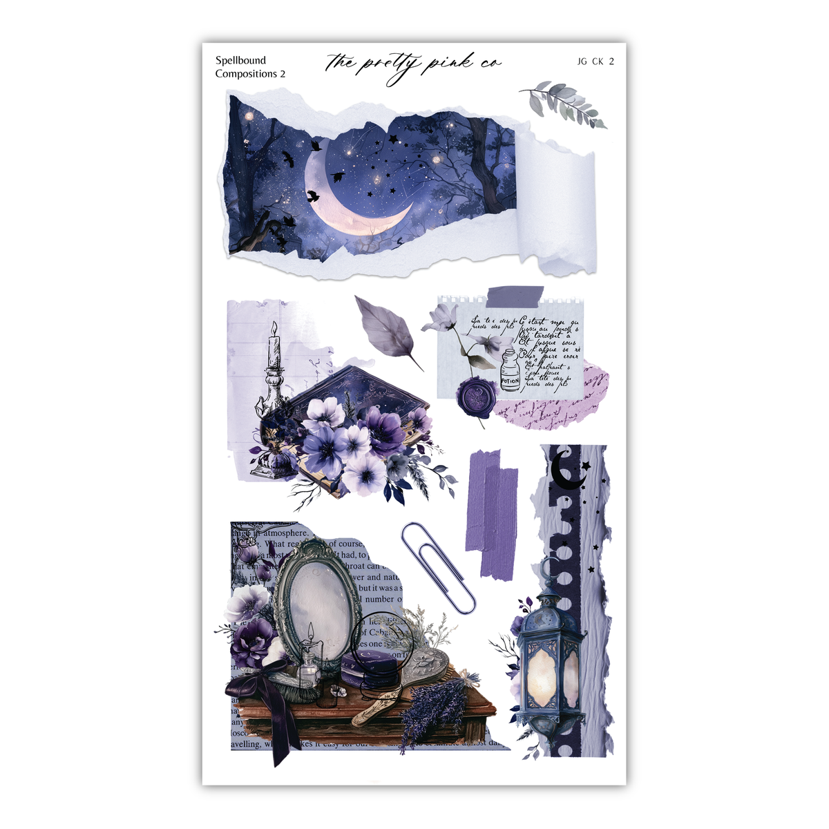 The image is a collage of various artistic elements, including a crescent moon, flowers, a mirror, and a lamp, all set against a night sky background.