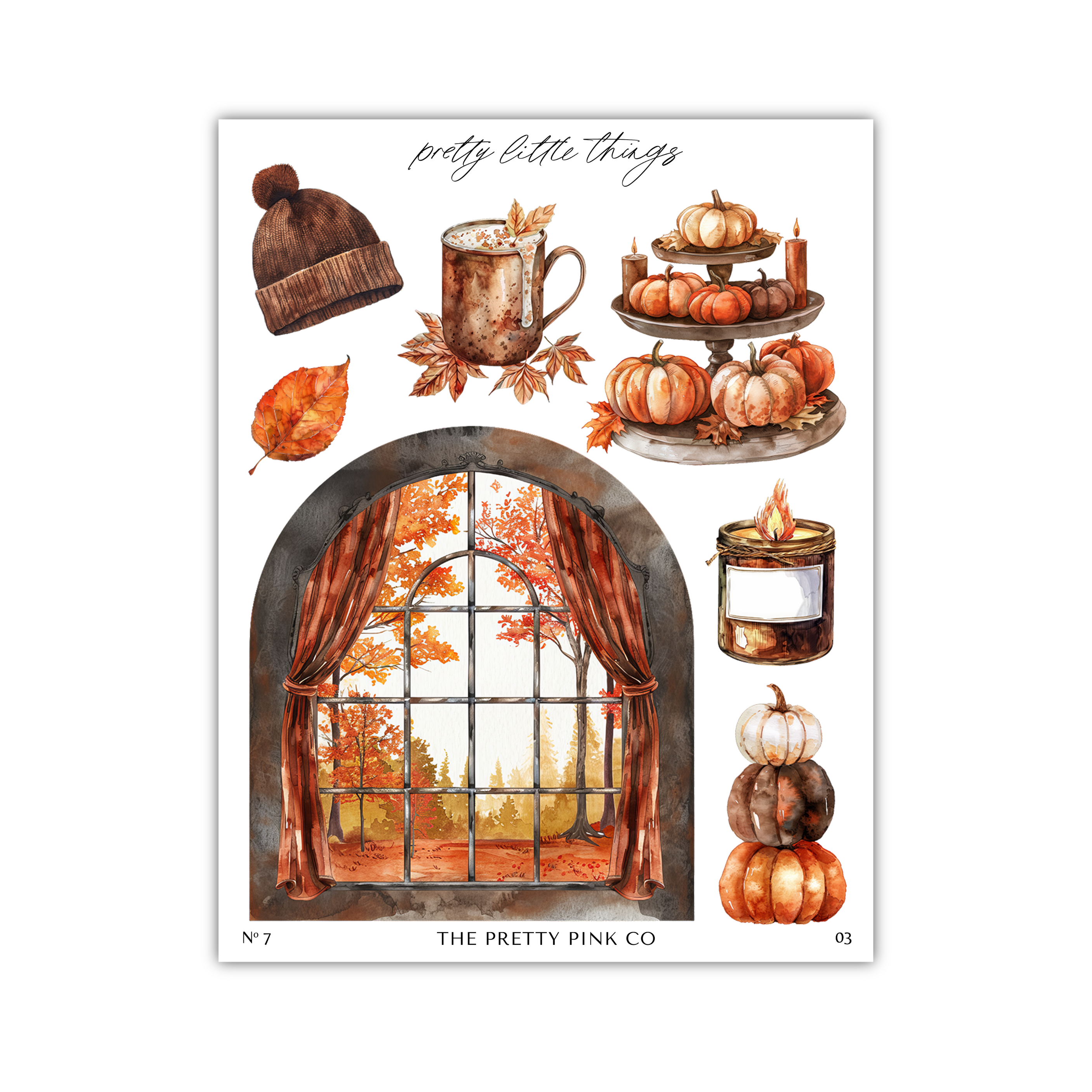 The image is a collage of various autumn-themed items, including a hat, a mug, pumpkins, a candle, a window, and a leaf.
