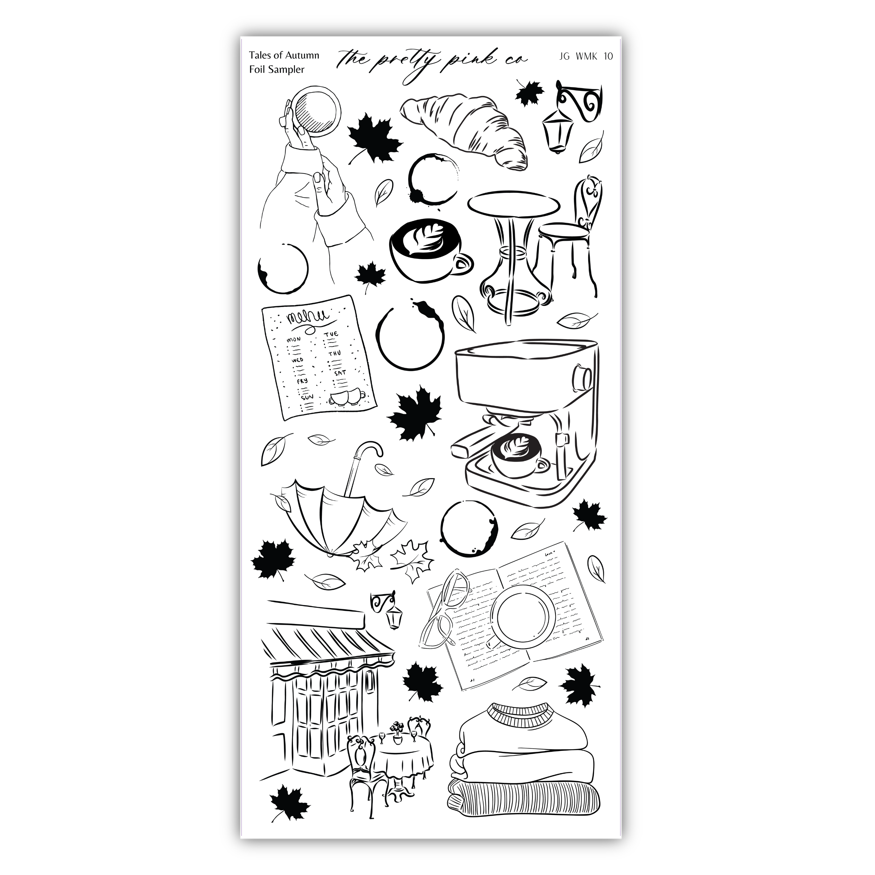 various black and white illustrations of objects and scenes, including a person, a cup, a book, a building, a tree, and other everyday items.