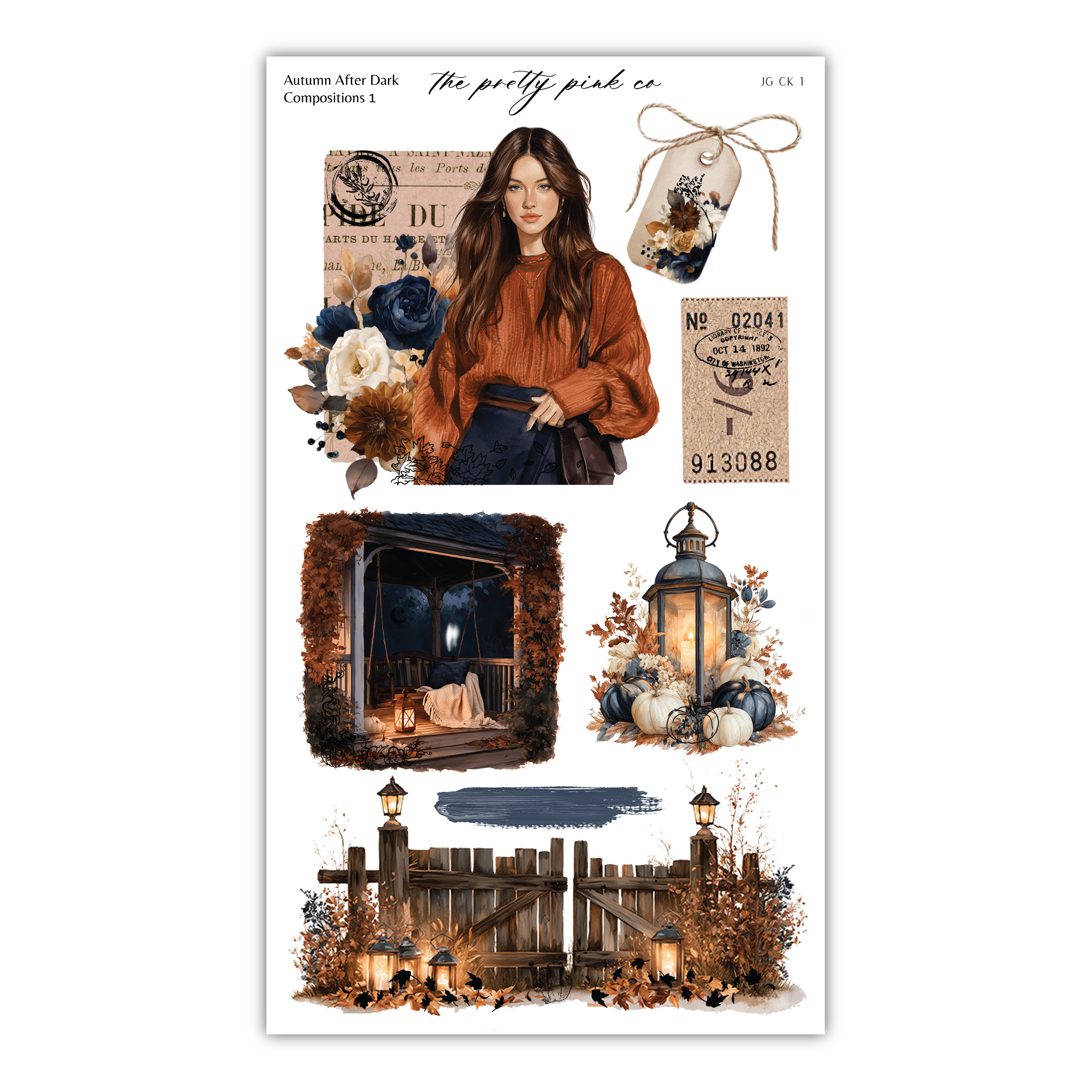 The image is a collage of various autumn-themed elements, including a woman in an orange sweater, a lantern, a wooden fence, and a floral arrangement.