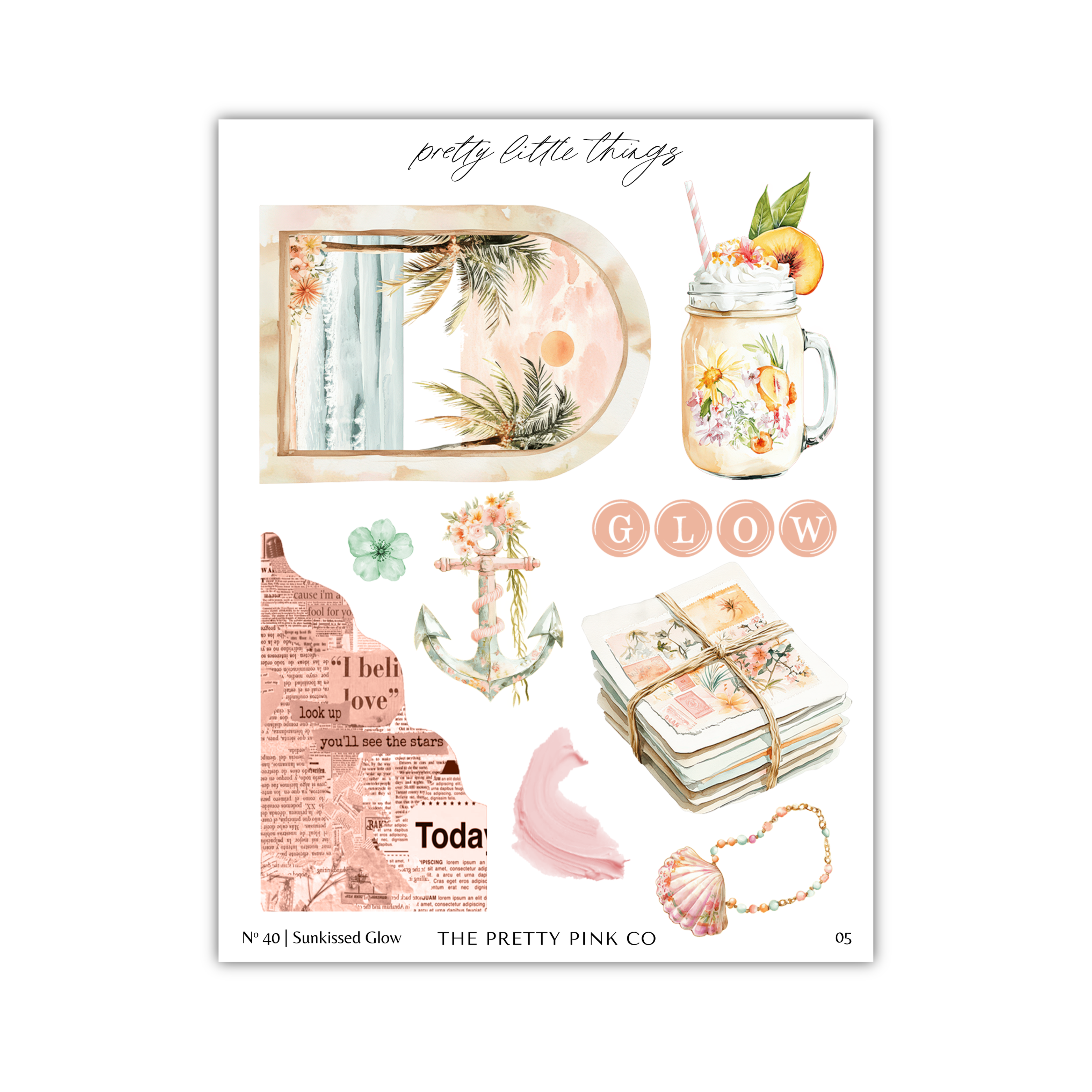 The image is a collage of various decorative elements, including a mason jar with a drink, a floral design, an anchor, a stack of books, a seashell, and a necklace.
