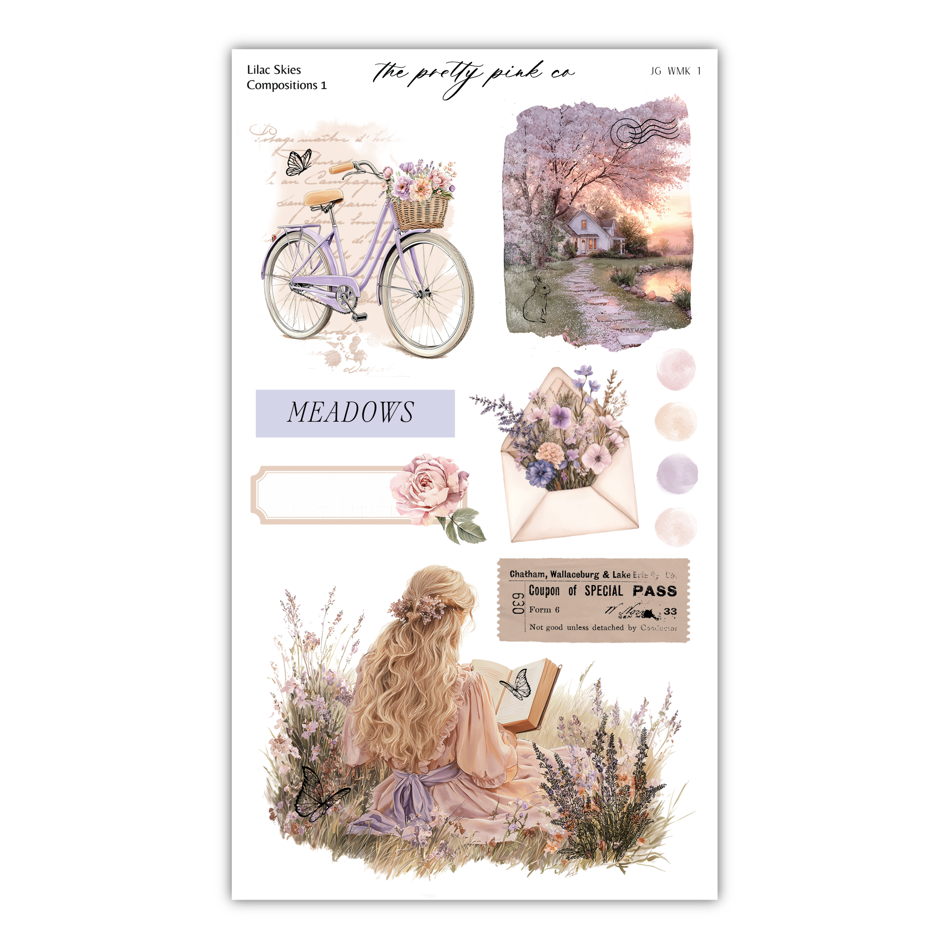 The image is a collage of various artistic elements, including a bicycle, a meadow, a woman, flowers, and a sunset. The collage is titled "The pretty pink co" and features a total of 13 images.