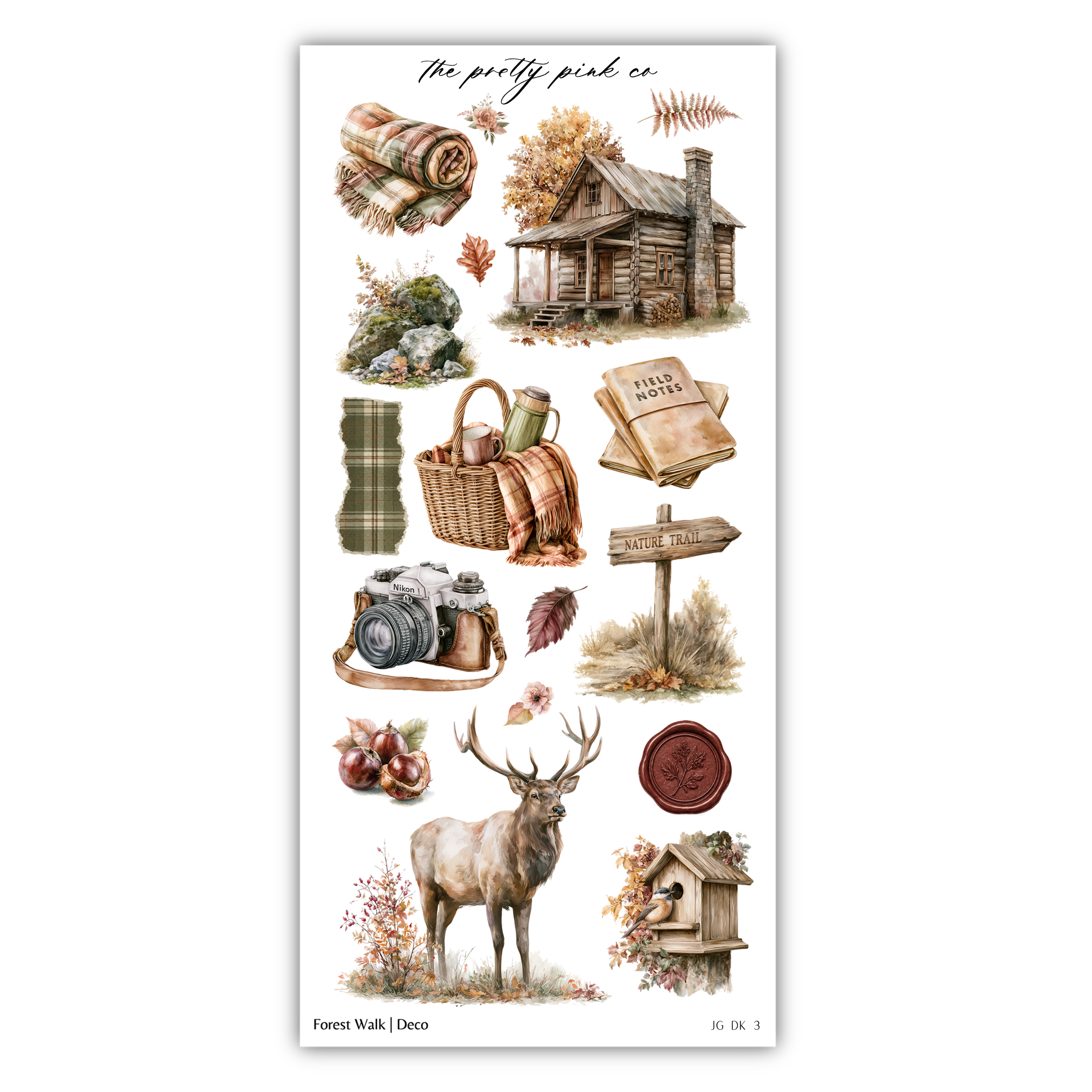various objects and scenes related to nature and outdoor activities, such as a cabin, a deer, a camera, a sign, and a basket.