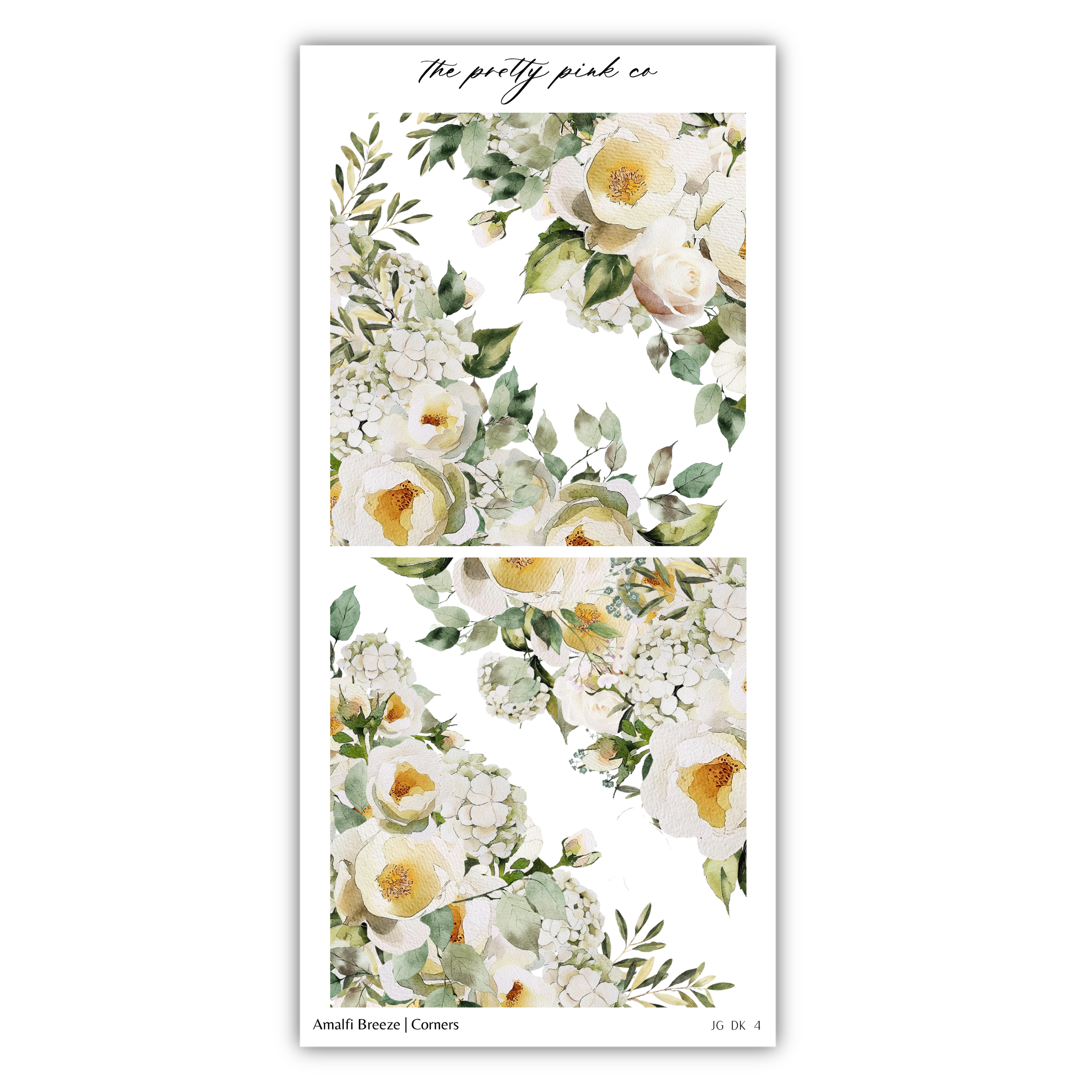 The image is a collage of two floral images, featuring white and yellow flowers with green leaves. The collage is titled "The pretty pink co" and includes the text "Anamali Breeze / Corners" at the bottom.