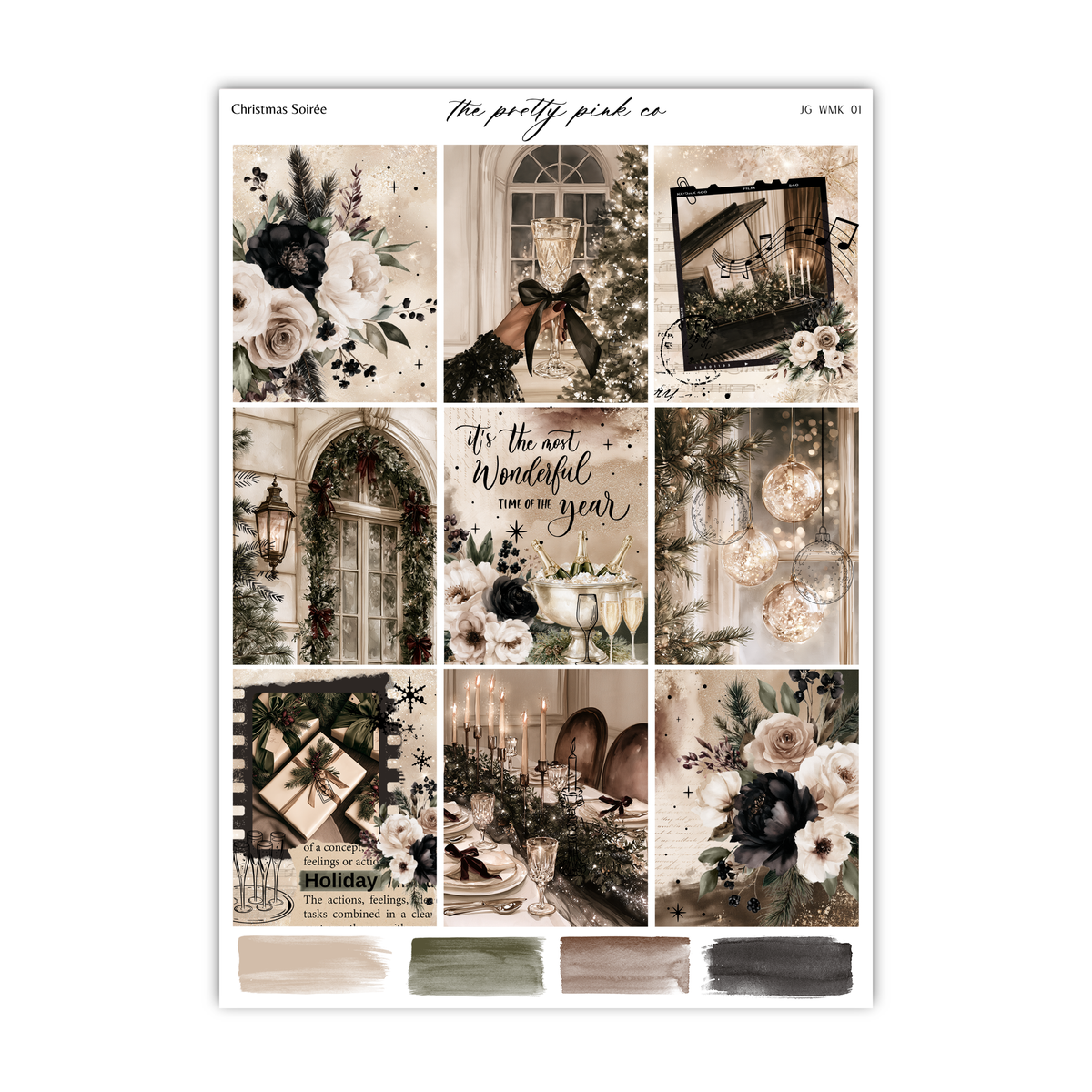 The image is a collage of various Christmas-themed images, including floral arrangements, holiday decorations, and festive lighting.
