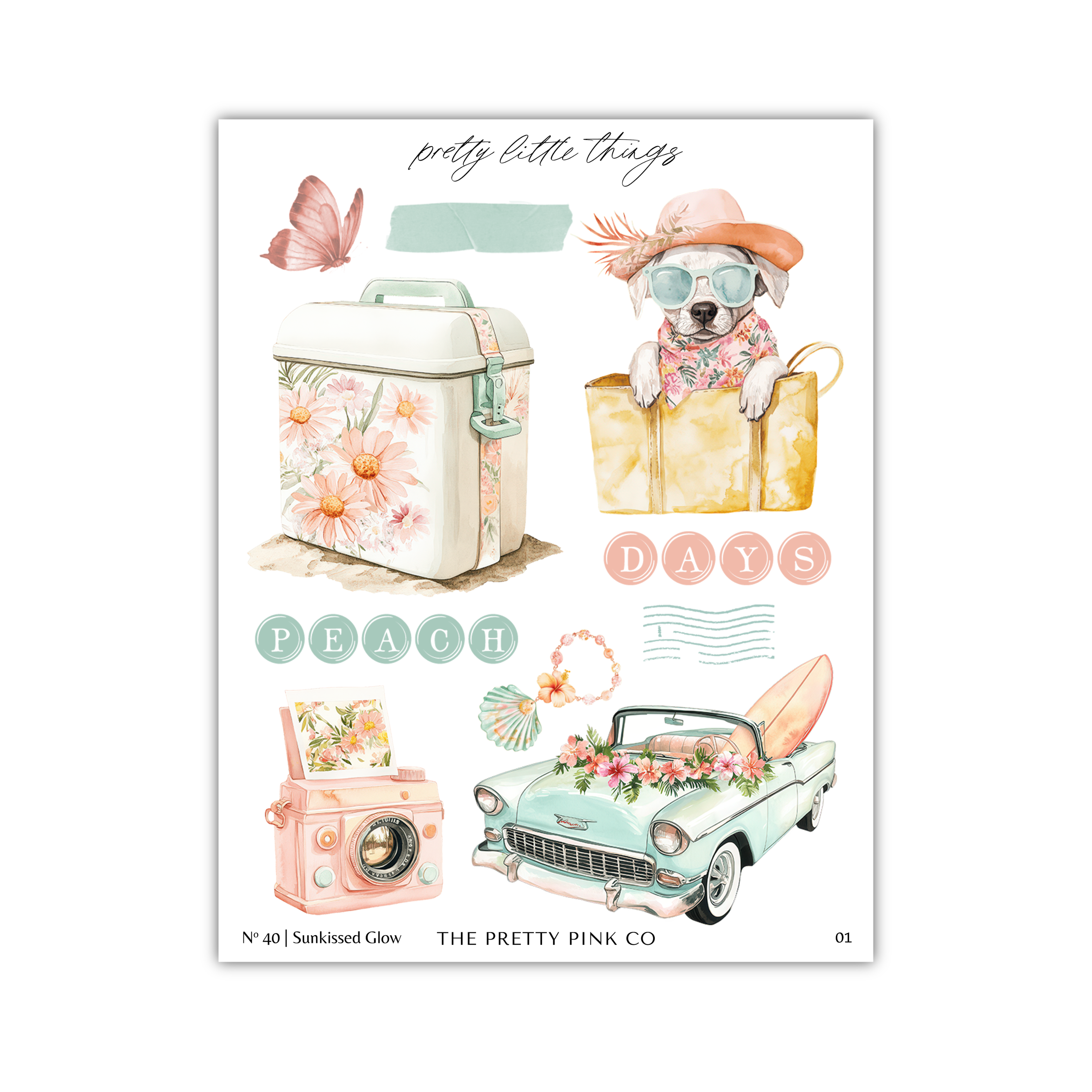 The image is a collage of various illustrations related to the theme of "Pretty little things". It includes a suitcase, a dog, a car, a camera, and a surfboard, all with a floral or pastel color scheme. The text "Pretty little things" is written above the collage, and the phrase "Peach Days" is written below it. The image also includes a butterfly and a bird, adding to the overall aesthetic of the collage.