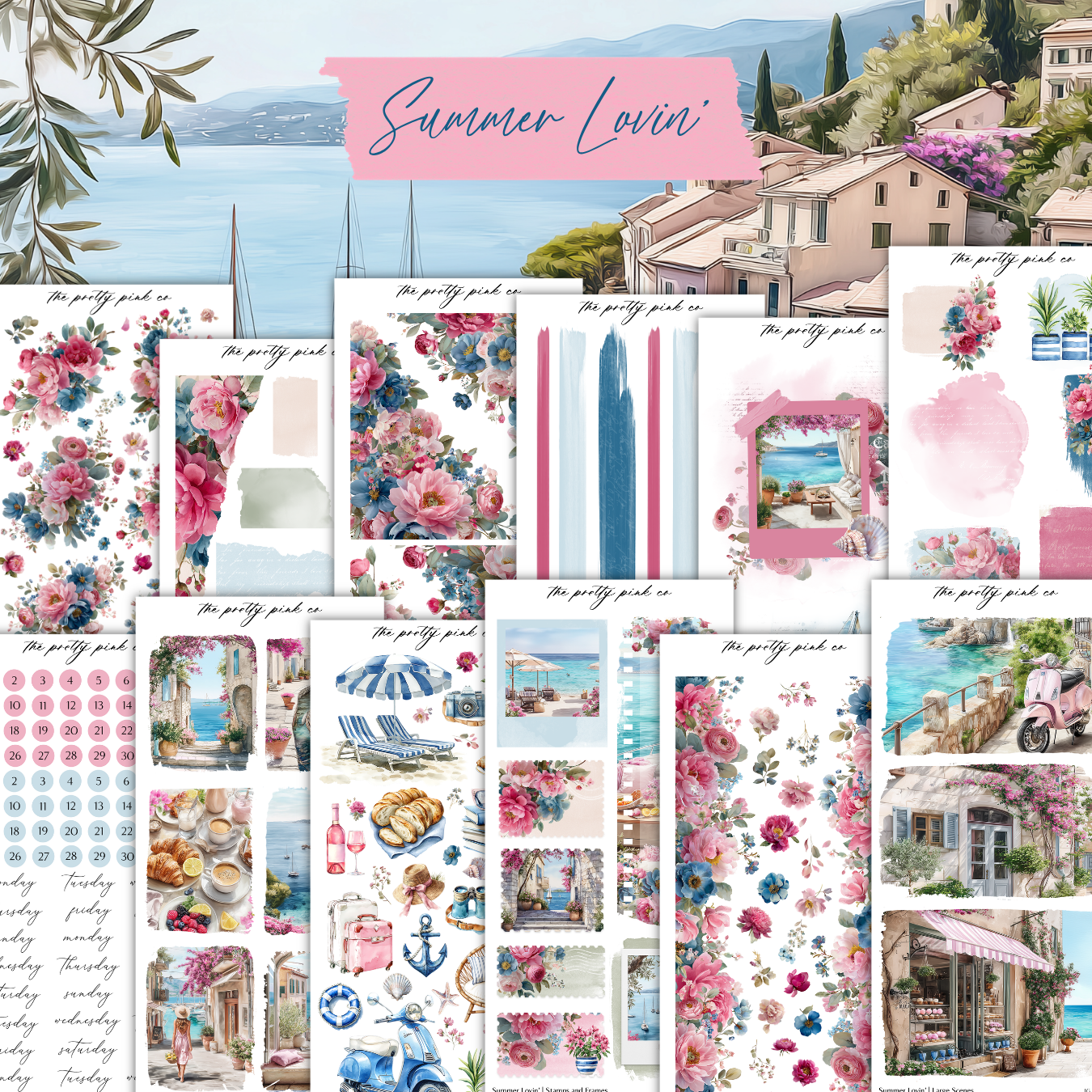 The image is a collage of various summer-themed images, including floral patterns, beach scenes, and coastal architecture.