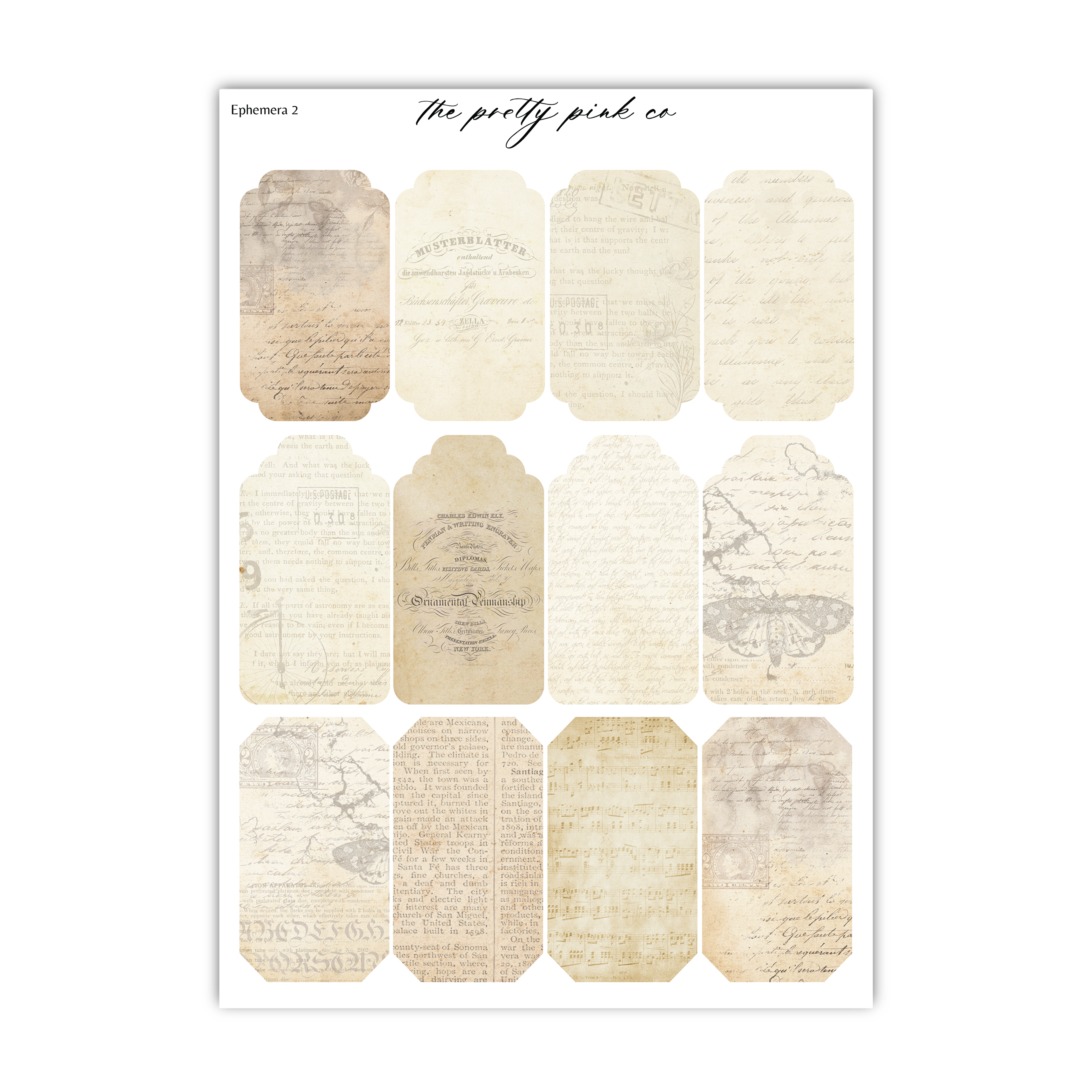 a collection of vintage-style labels or tags, each with different text and designs, arranged in a grid format.