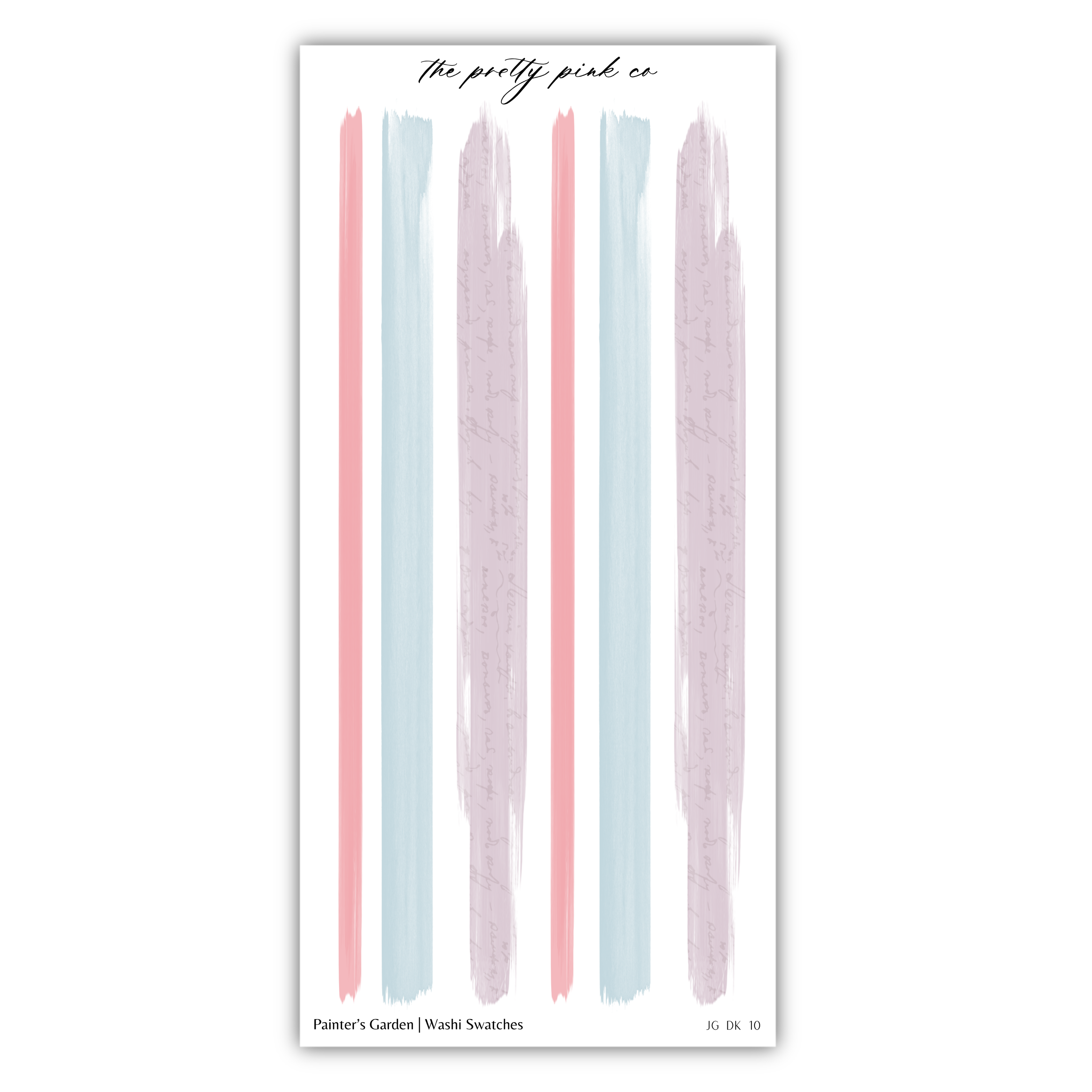 The image is a collage of various brush strokes in different colors, including pink, blue, and purple, arranged in a vertical pattern.