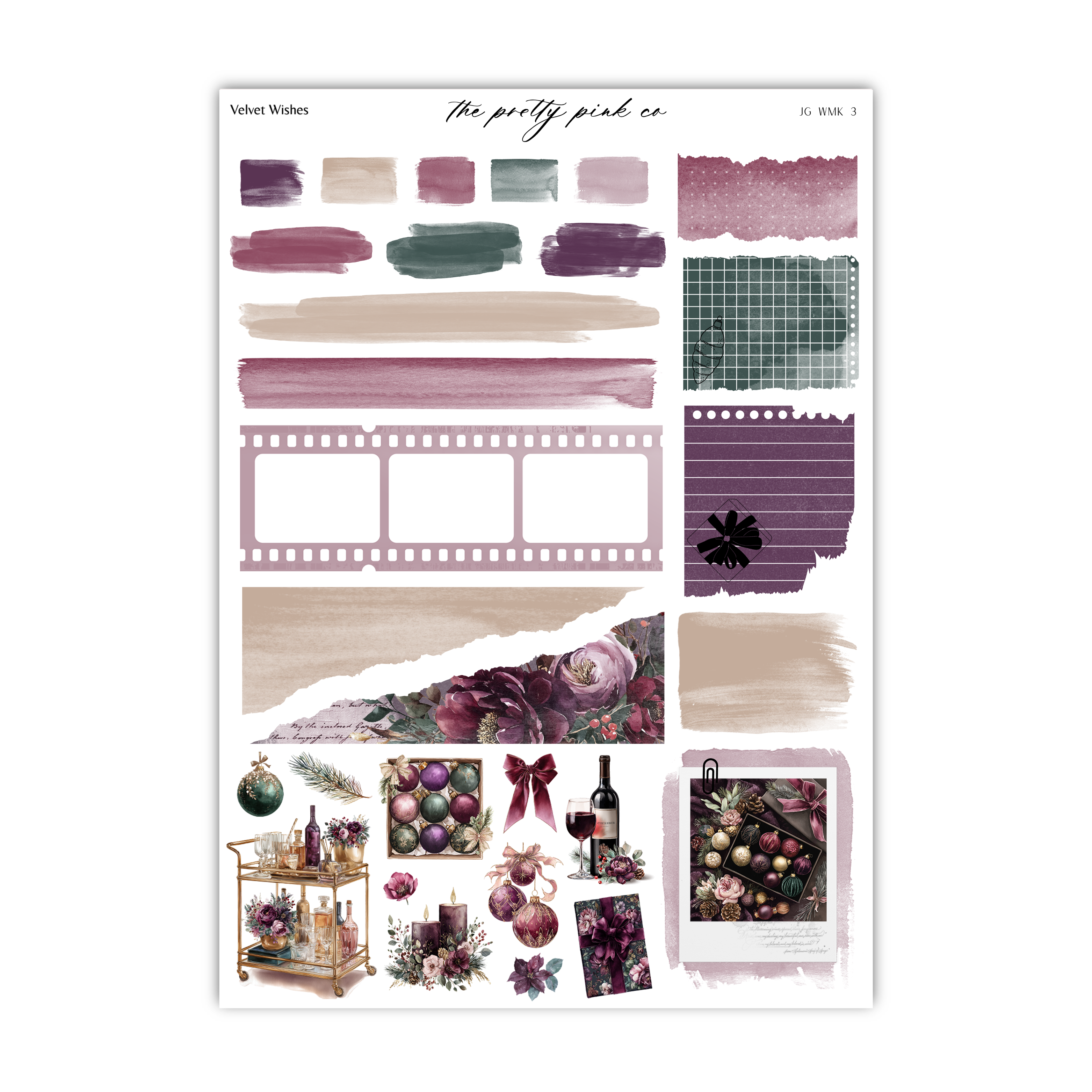 various decorative elements and patterns, including a film strip, a floral arrangement, and a bottle of wine. The overall theme appears to be a mix of nature, art, and home decor.