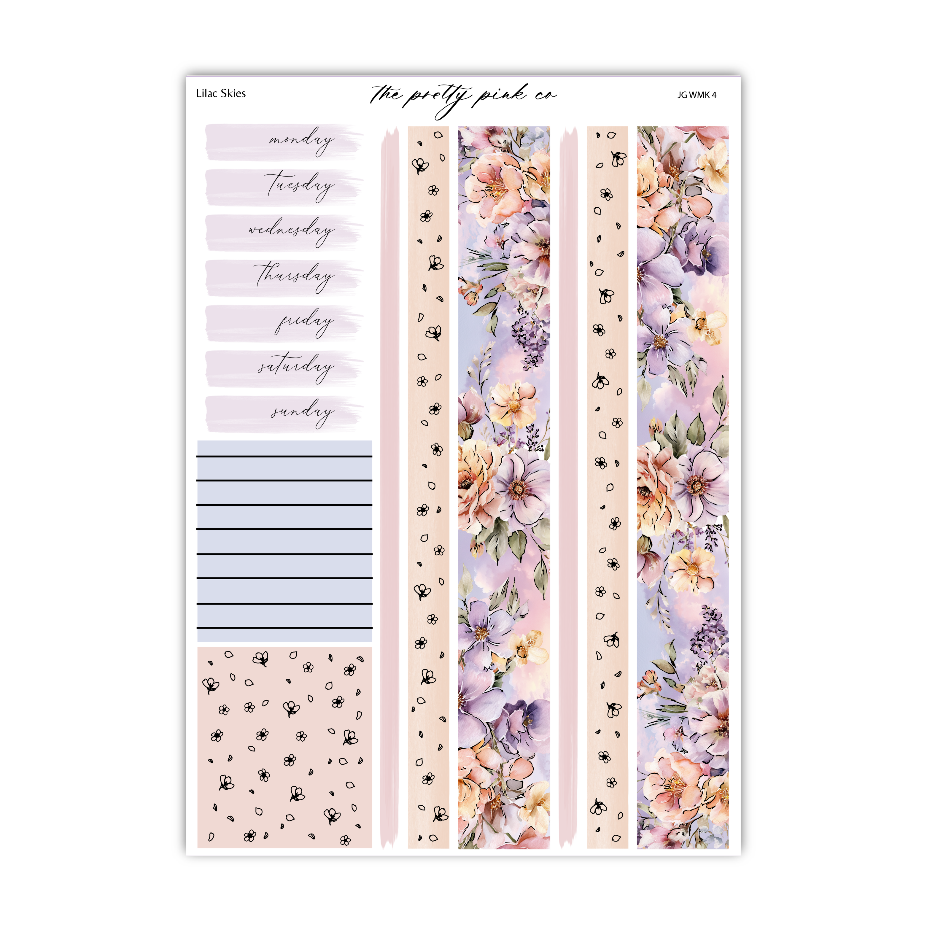 The image is a printed page with various decorative elements, including floral patterns, stripes, and a calendar-style layout.