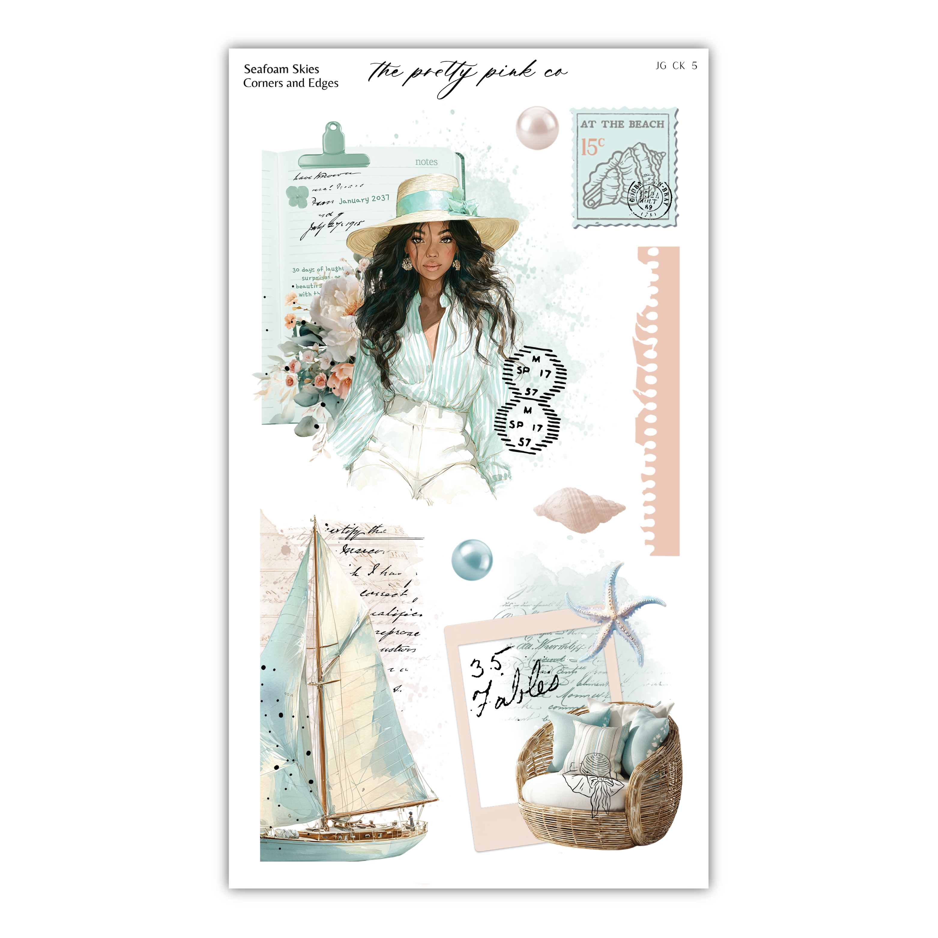 The image is a collage featuring a woman in a hat, a sailboat, and various other elements related to the beach and ocean.