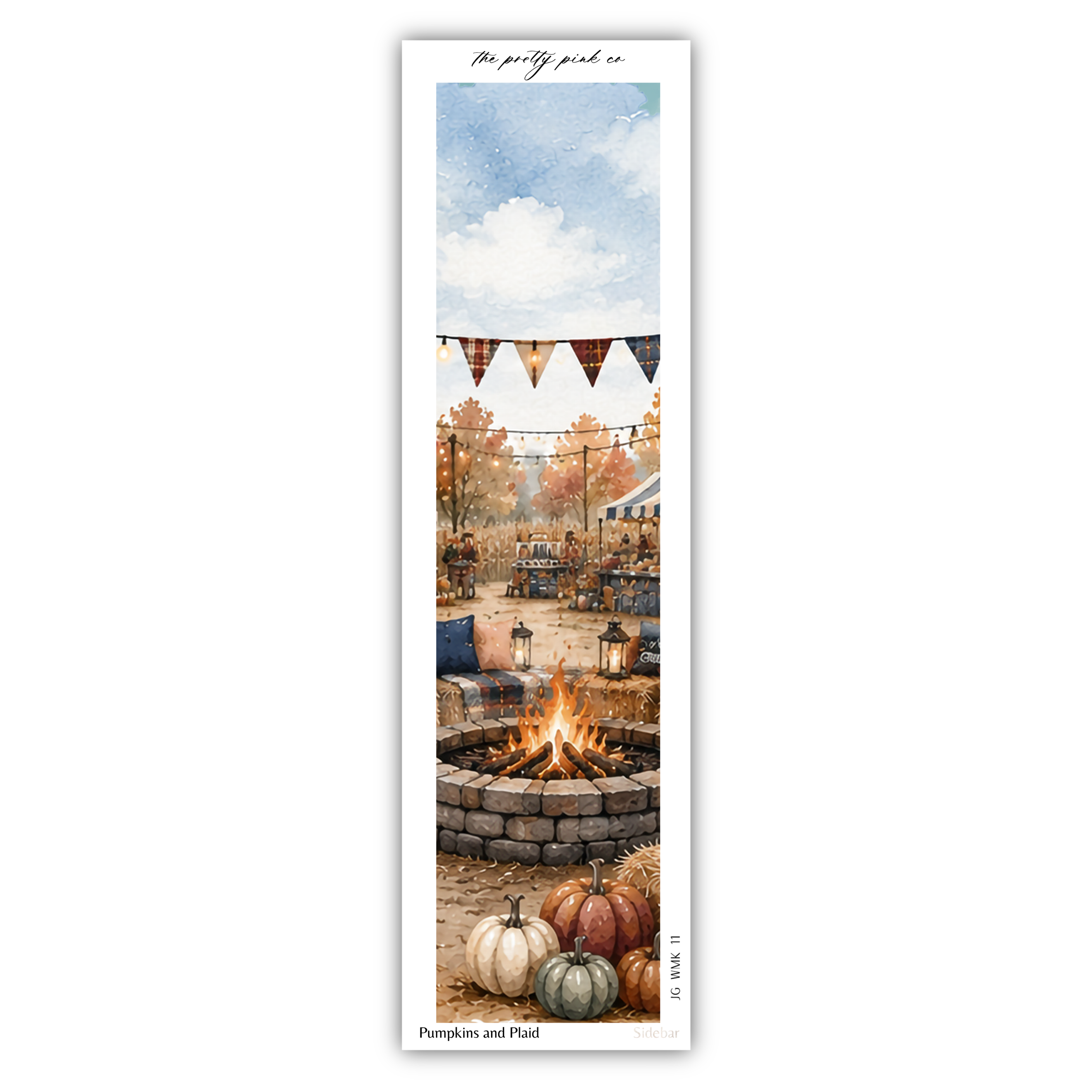 A cozy autumn scene featuring a fire pit surrounded by pumpkins, with a festive atmosphere created by hanging flags and lanterns overhead.