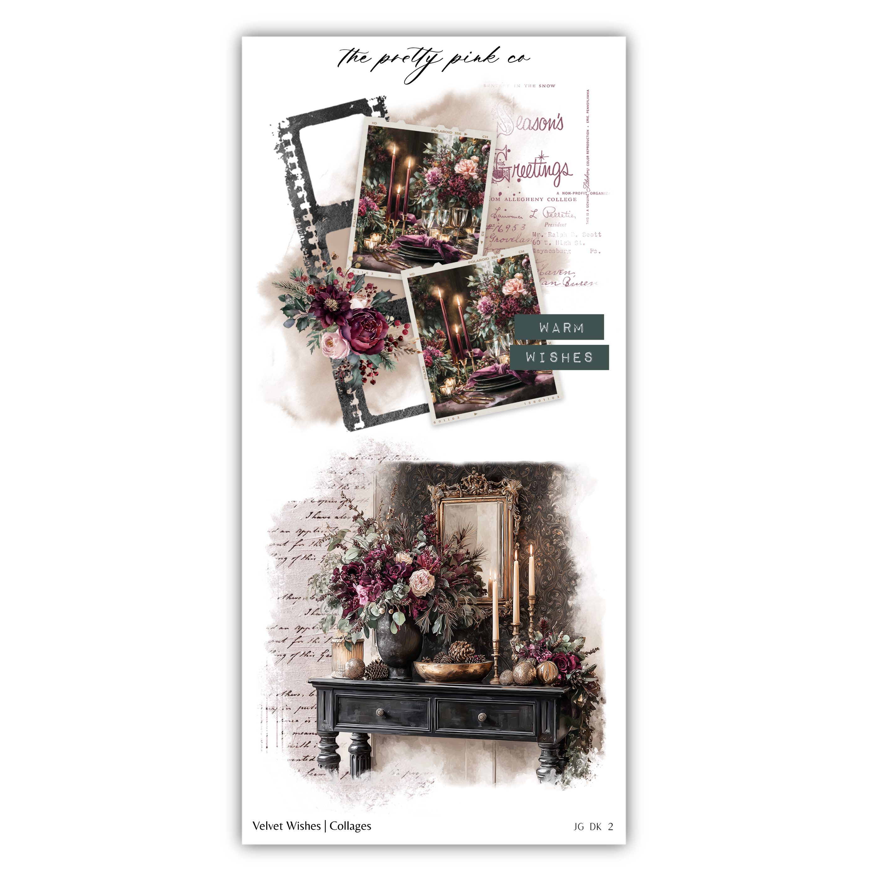The image is a collage of various floral arrangements and decorative elements, including a mirror, a table with flowers, and other decorative items. The collage is titled "The pretty pink co" and includes a "Warm Wishes" section.