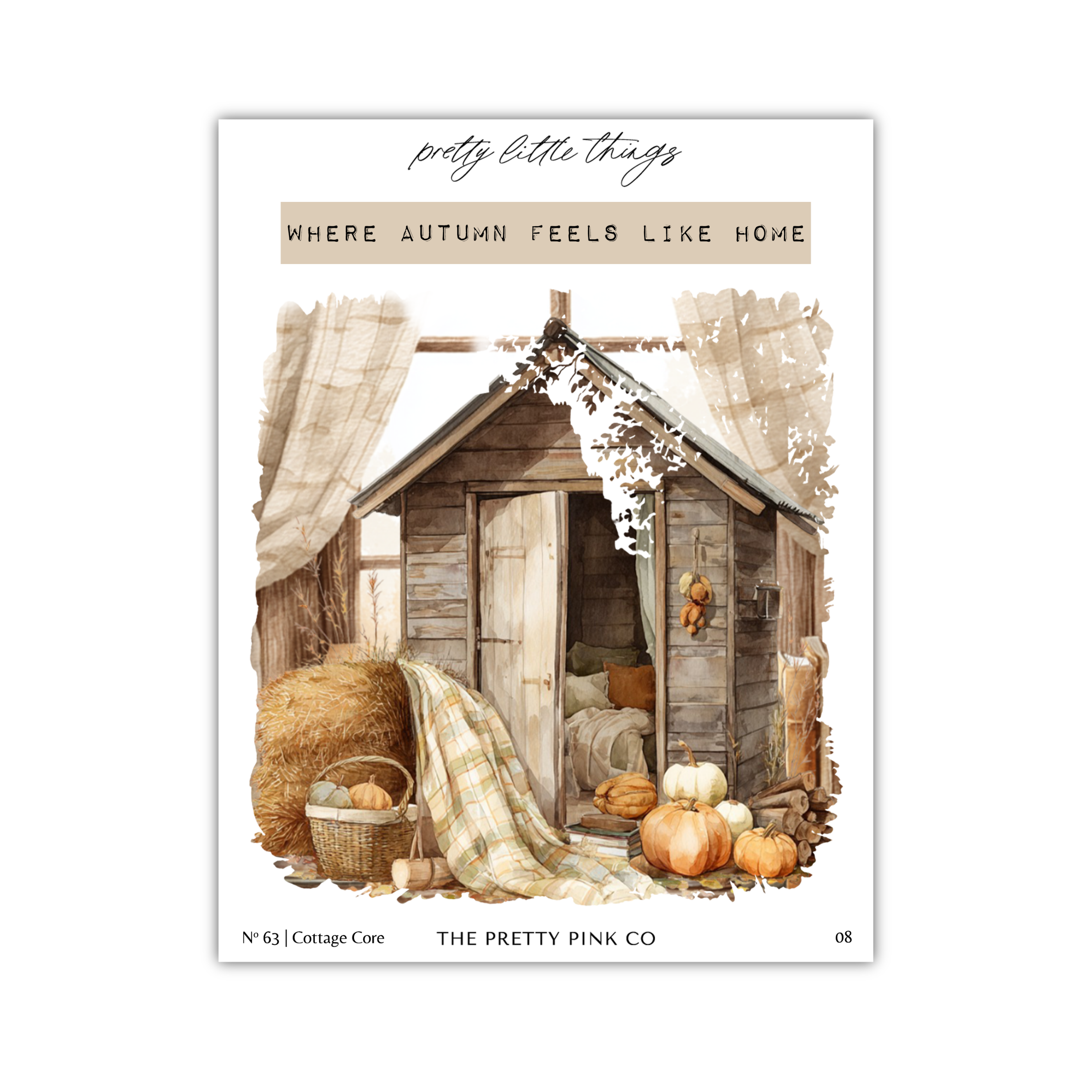 The image is a collage of various autumn-themed elements, including a rustic wooden cabin, hay bales, pumpkins, and a plaid blanket. The caption "Where Autumn Feels Like Home" suggests that the scene is set in a cozy, autumnal environment.