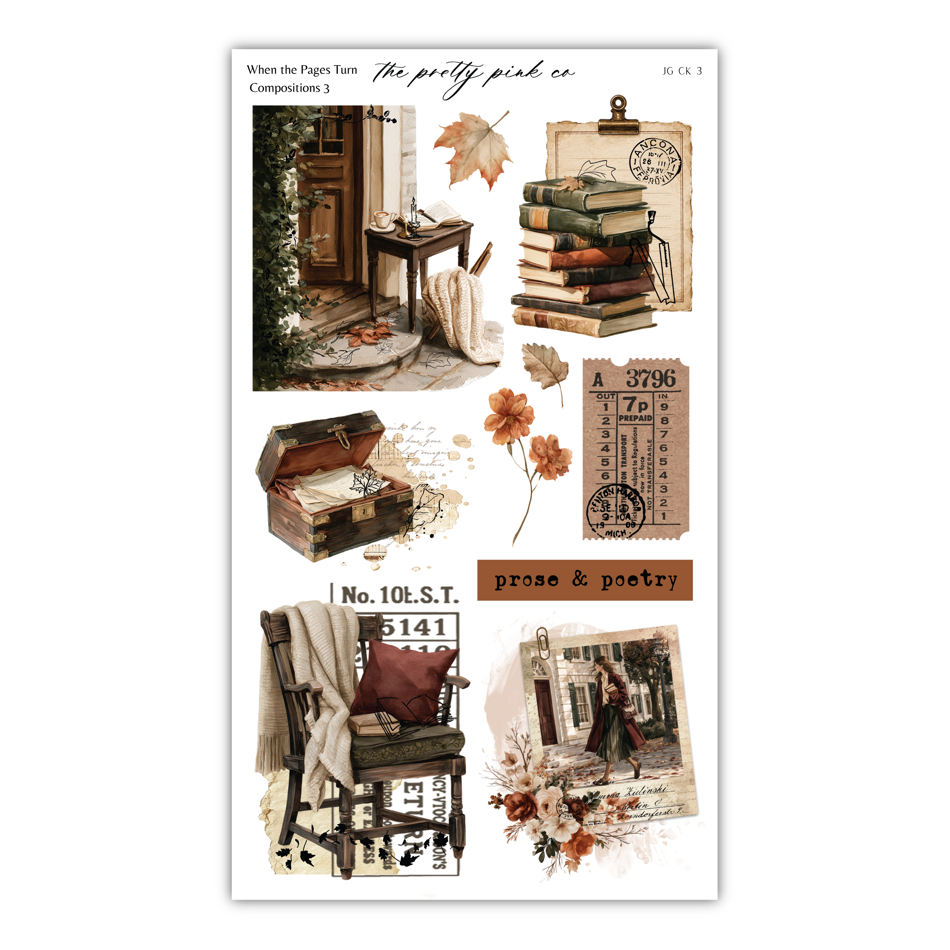 The image is a collage of various vintage-style photographs and text elements, including a door, books, a suitcase, a chair, and a flower arrangement.