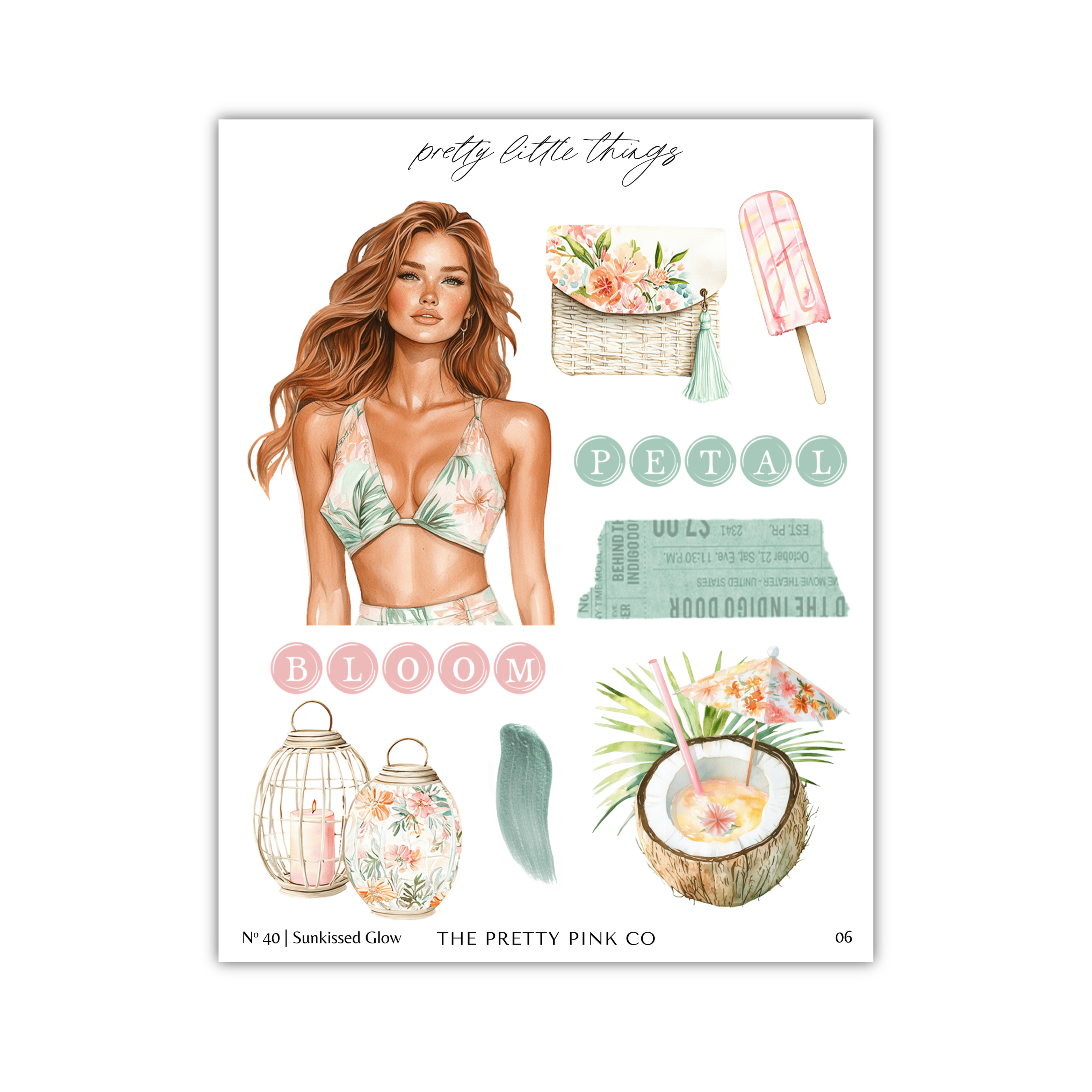 The image is a collage of various illustrations related to the theme of pretty little things. It includes a woman in a floral bikini, a basket, a flower, a coconut, and a vase. The collage is titled "pretty little things" and features the text "Bloom" and "Petal" along with the logo "THE PRETY PINK CO".