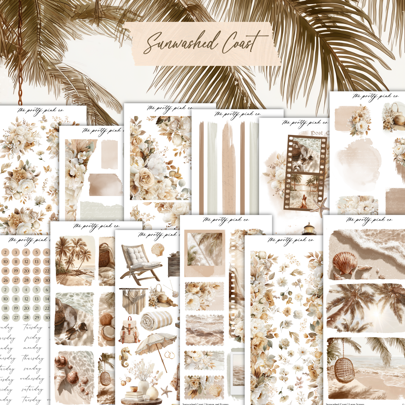 The image is a collage of various tropical-themed images, including palm trees, flowers, and beach scenes, all rendered in a sepia-toned palette.