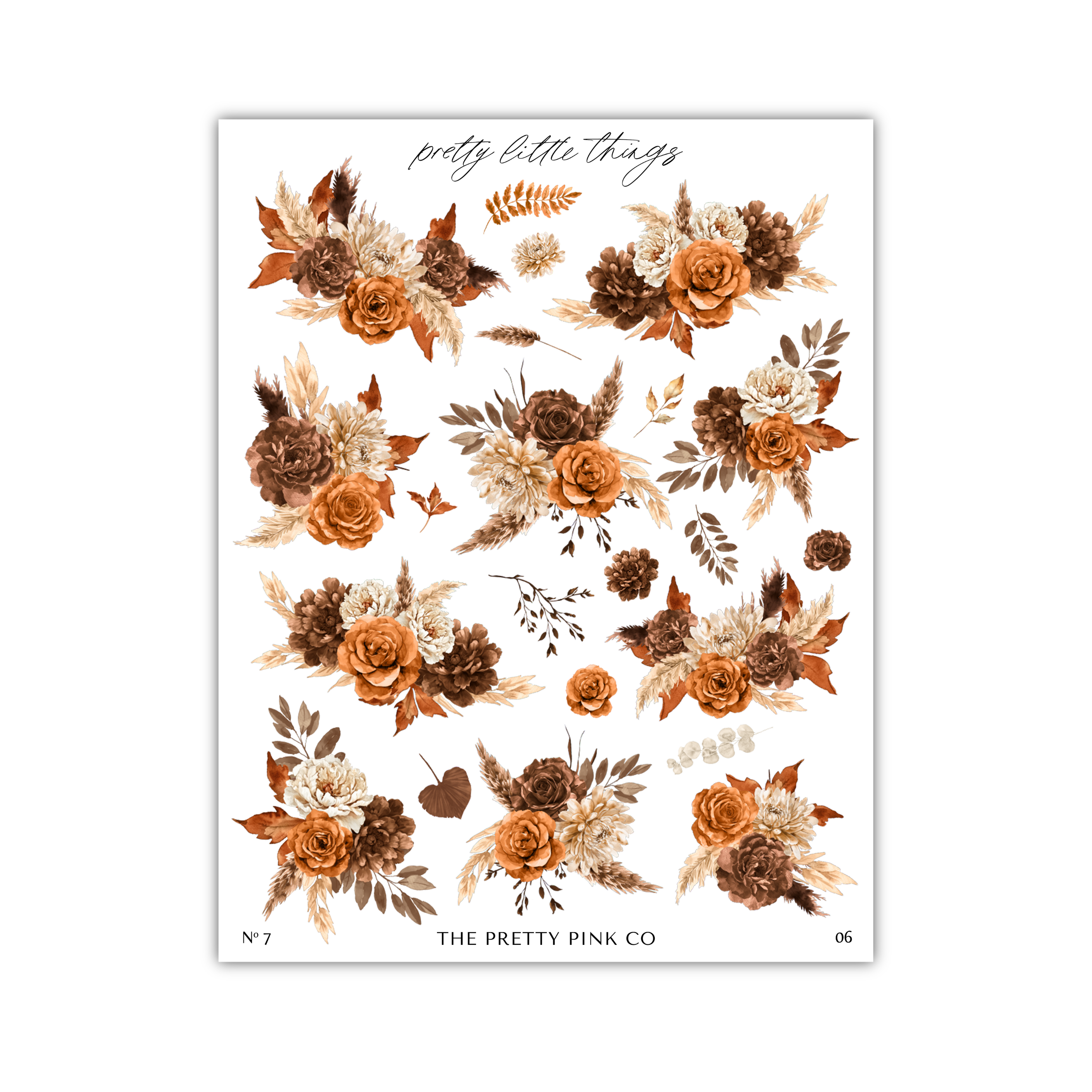 a collection of floral arrangements in various shades of brown and orange, with leaves and other natural elements. The text "pretty little things" is written above the floral arrangements, and "THE PINK CO" is written below them.