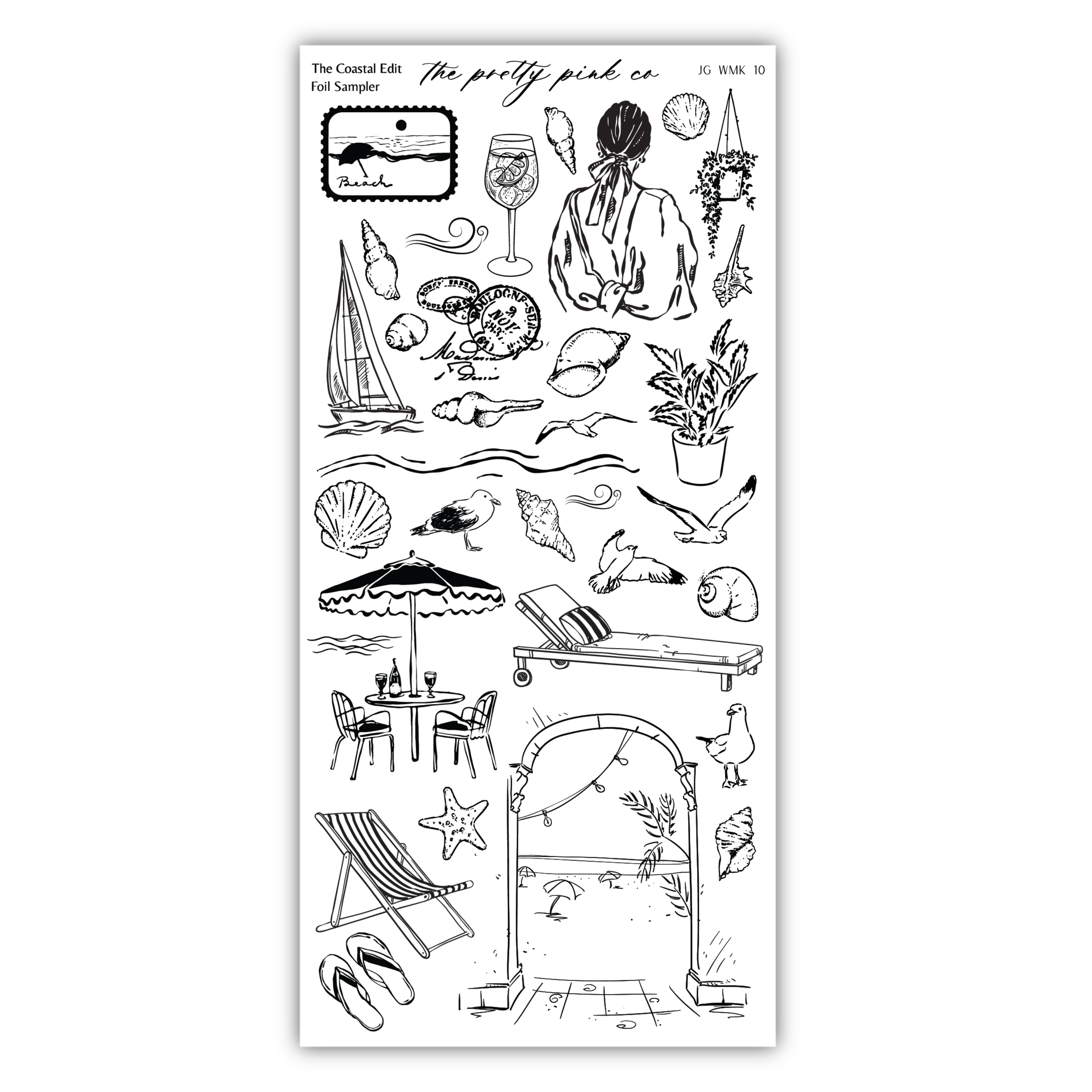 various black and white illustrations of beach-related objects and activities, including a sailboat, a beach umbrella, a lounge chair, a bird, and a seashell.