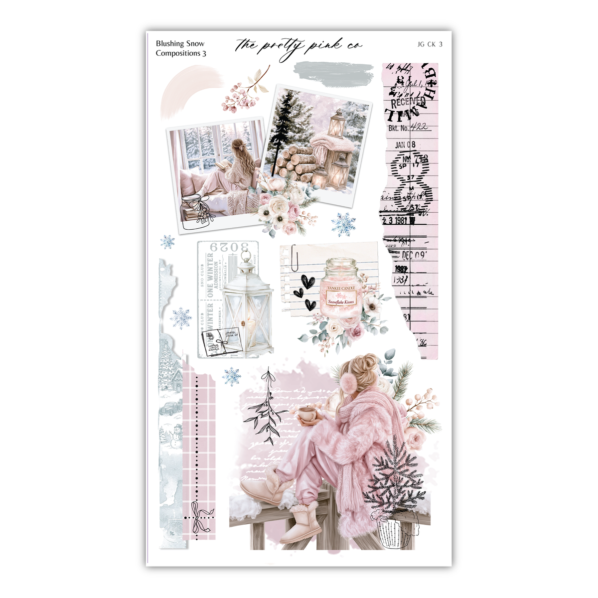 The image is a collage of various winter-themed elements, including a woman sitting on a bench, a snowman, and a snowy landscape. The collage also includes a snowflake, a lantern, and a snowman. The overall color palette is predominantly pink and white, with accents of blue and green. The collage is titled "Blushing Snow" and "The pretty pink co", and it is composed of three images.