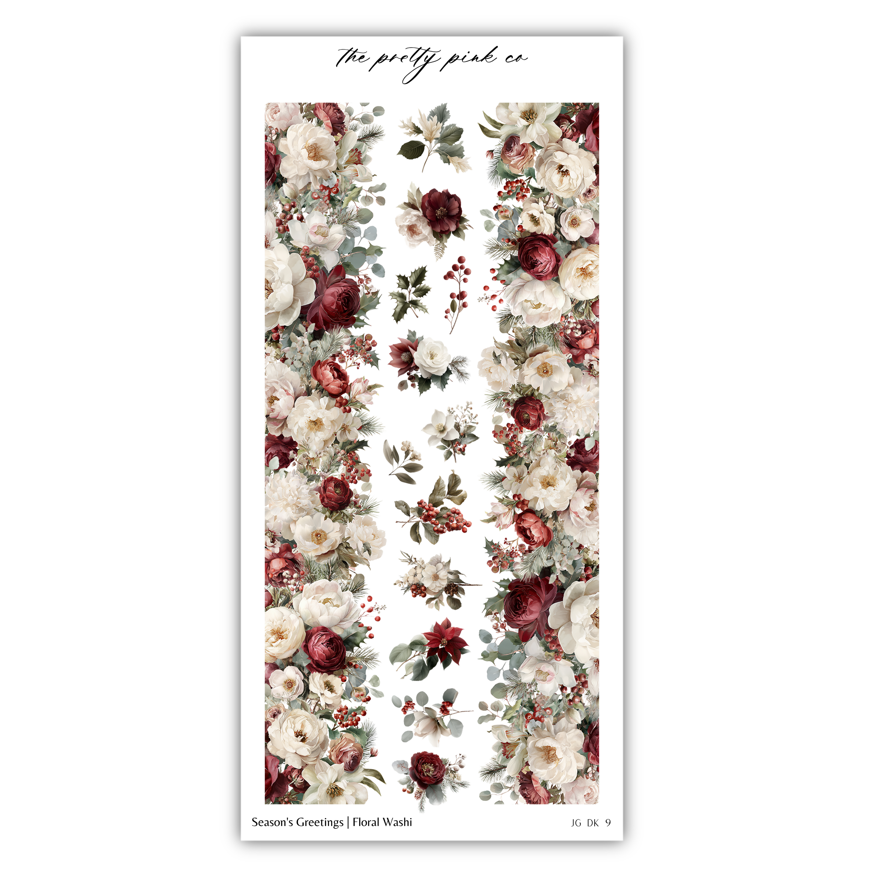The image is a collage of various floral designs, including white and red flowers, greenery, and berries. The collage is titled "The pretty pink co" and includes a "Season's Greetings: Floral Washi" caption.