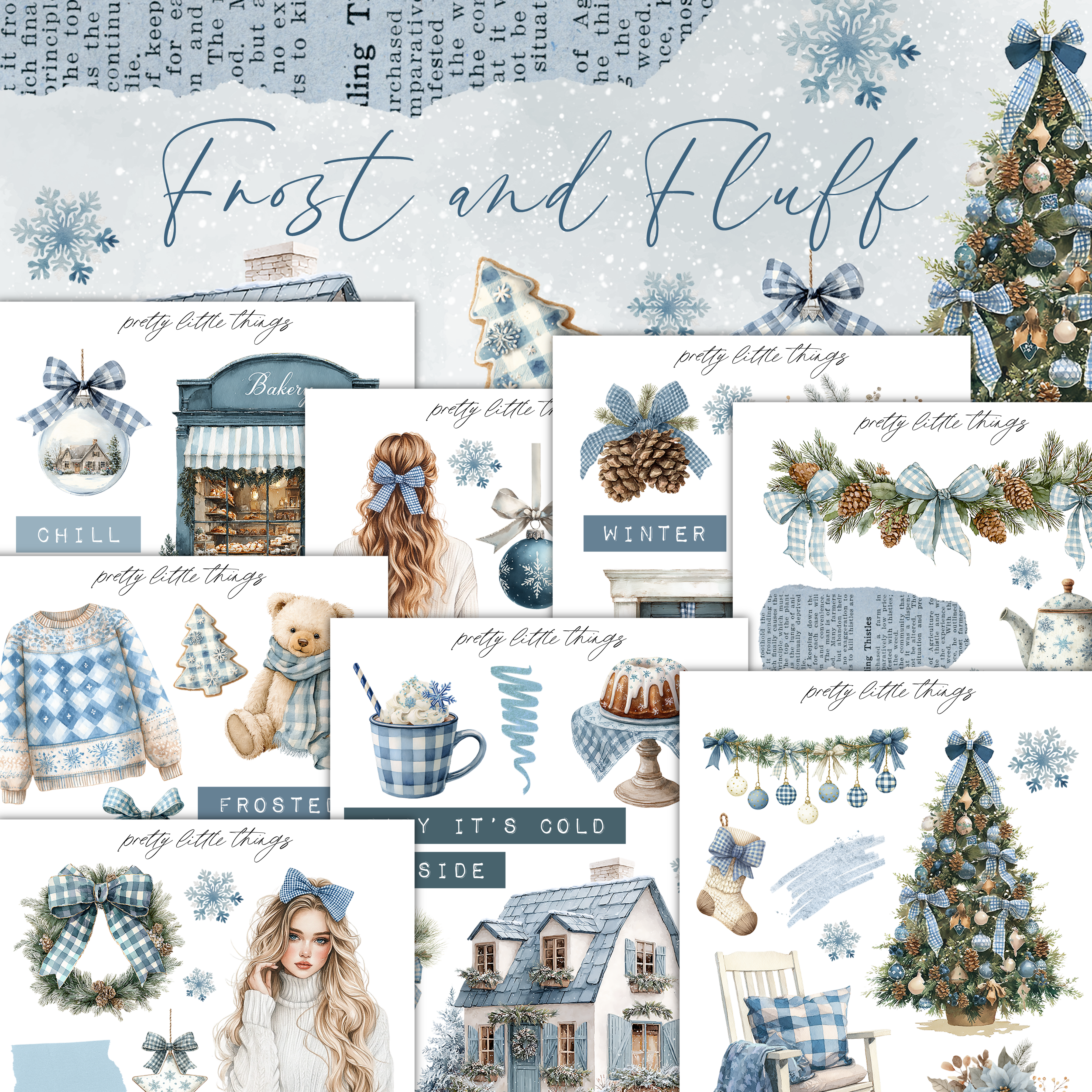 The image is a collage of various winter-themed illustrations and objects, including a Christmas tree, a cozy fireplace, a teddy bear, and other festive elements. The collage is titled "Frost and Fluff" and includes text that describes the different elements, such as "Frosty it's cold", "Winter", and "It's cold side".