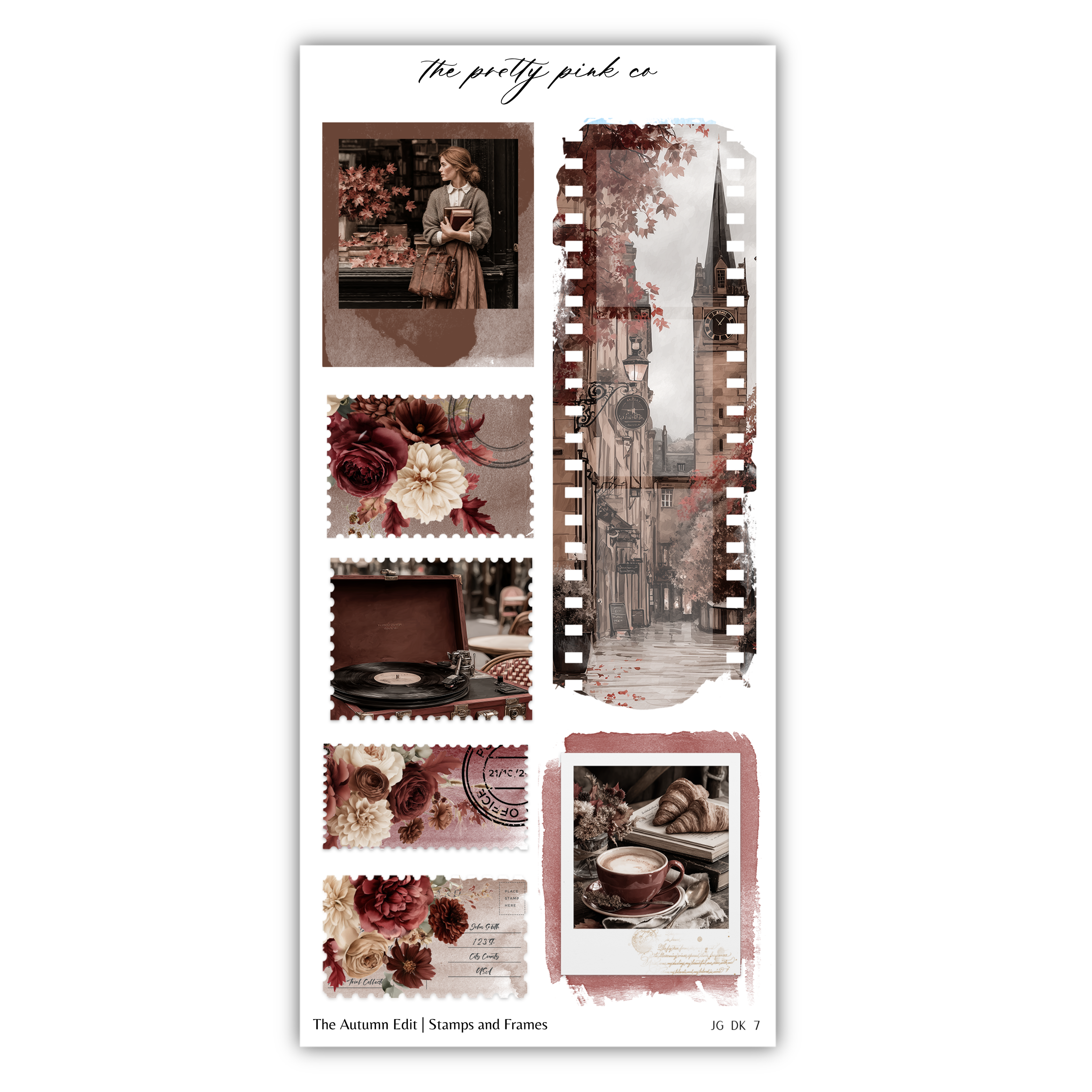 The image is a collage of various vintage-style photographs and stamps, including a woman in a shop, a clock tower, and floral images. The collage is titled "The autumn edit / stamps and frames" and includes a "JK DK 7" stamp.