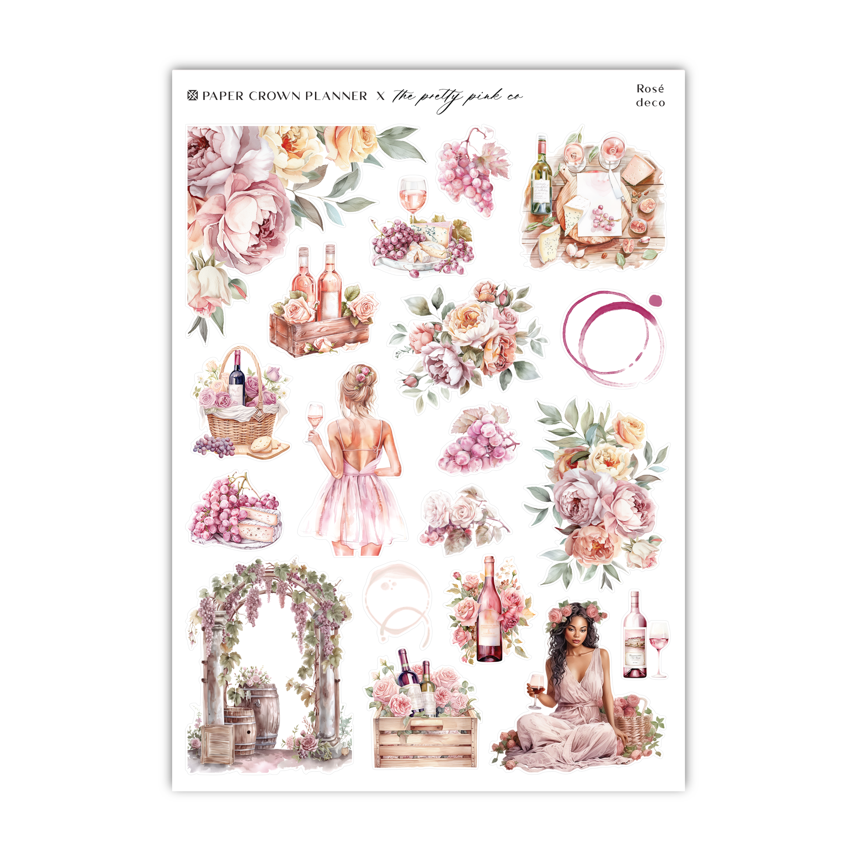 a sheet of stickers with flowers and a woman