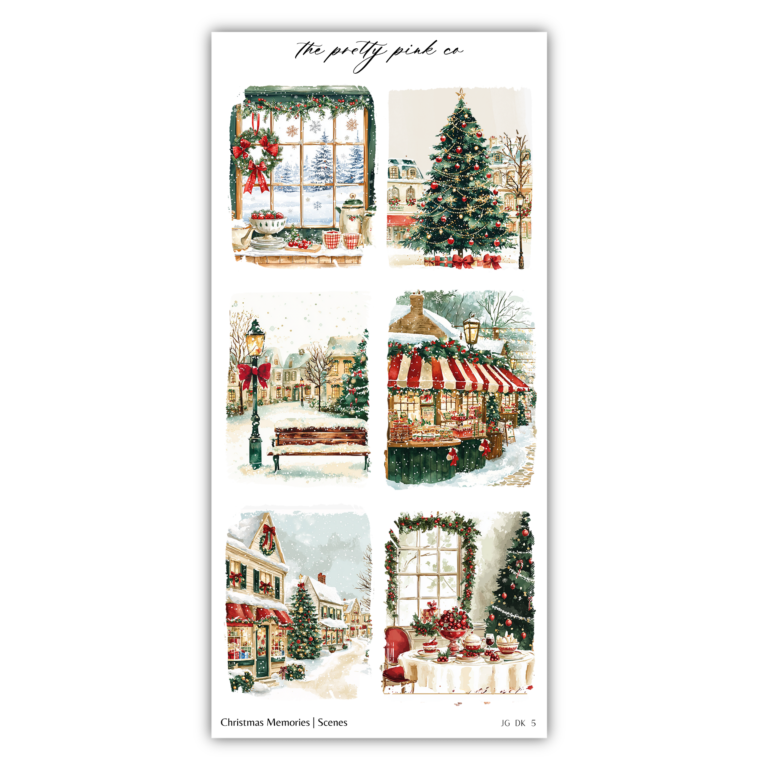 a set of four christmas cards with a picture of a store and a christmas tree