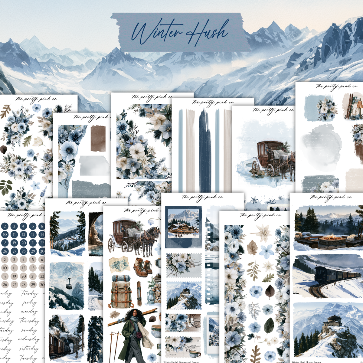 The image is a collage of various winter-themed images, including snow-covered mountains, a horse-drawn carriage, and other winter-related elements.