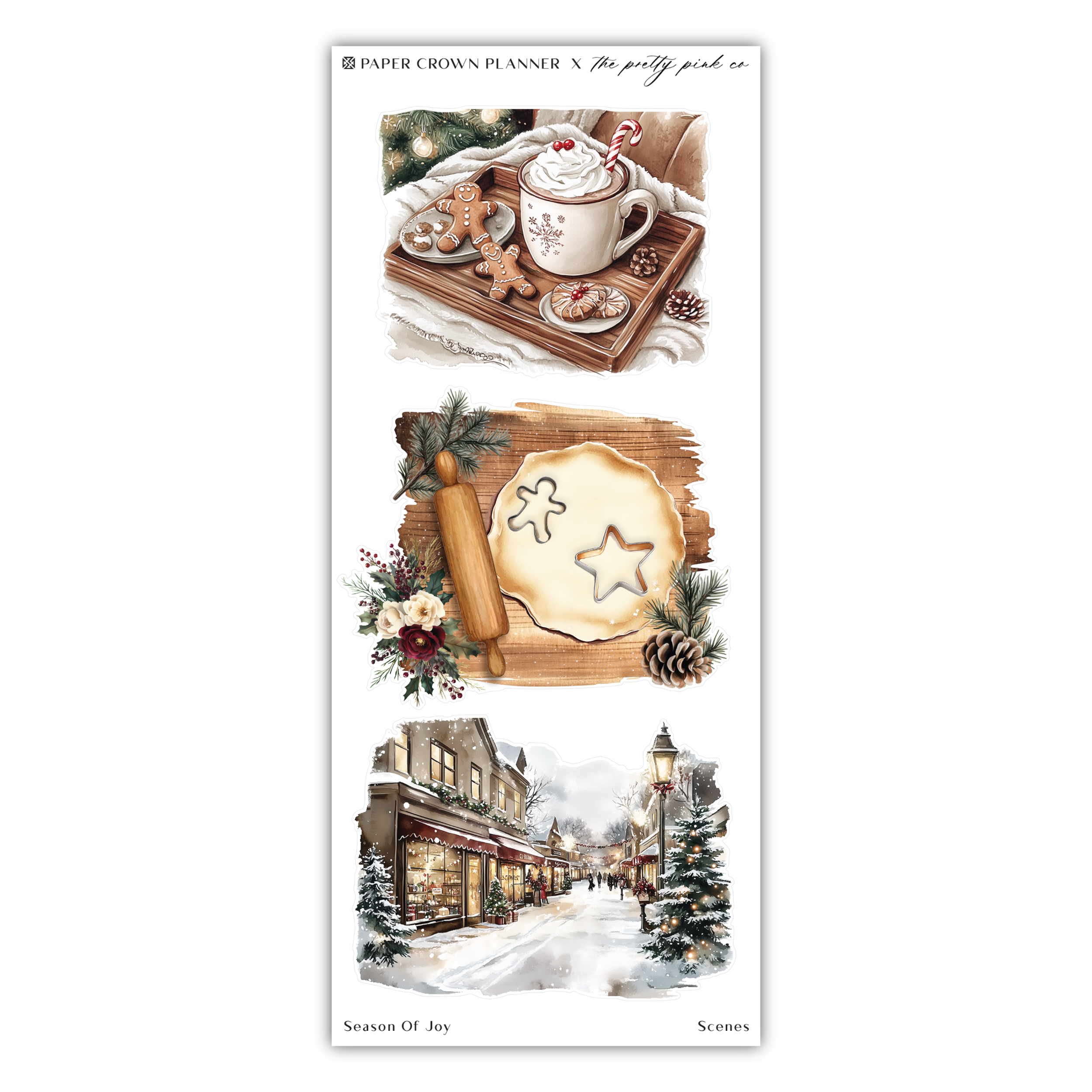 a sticker with a picture of a town and a cup of coffee