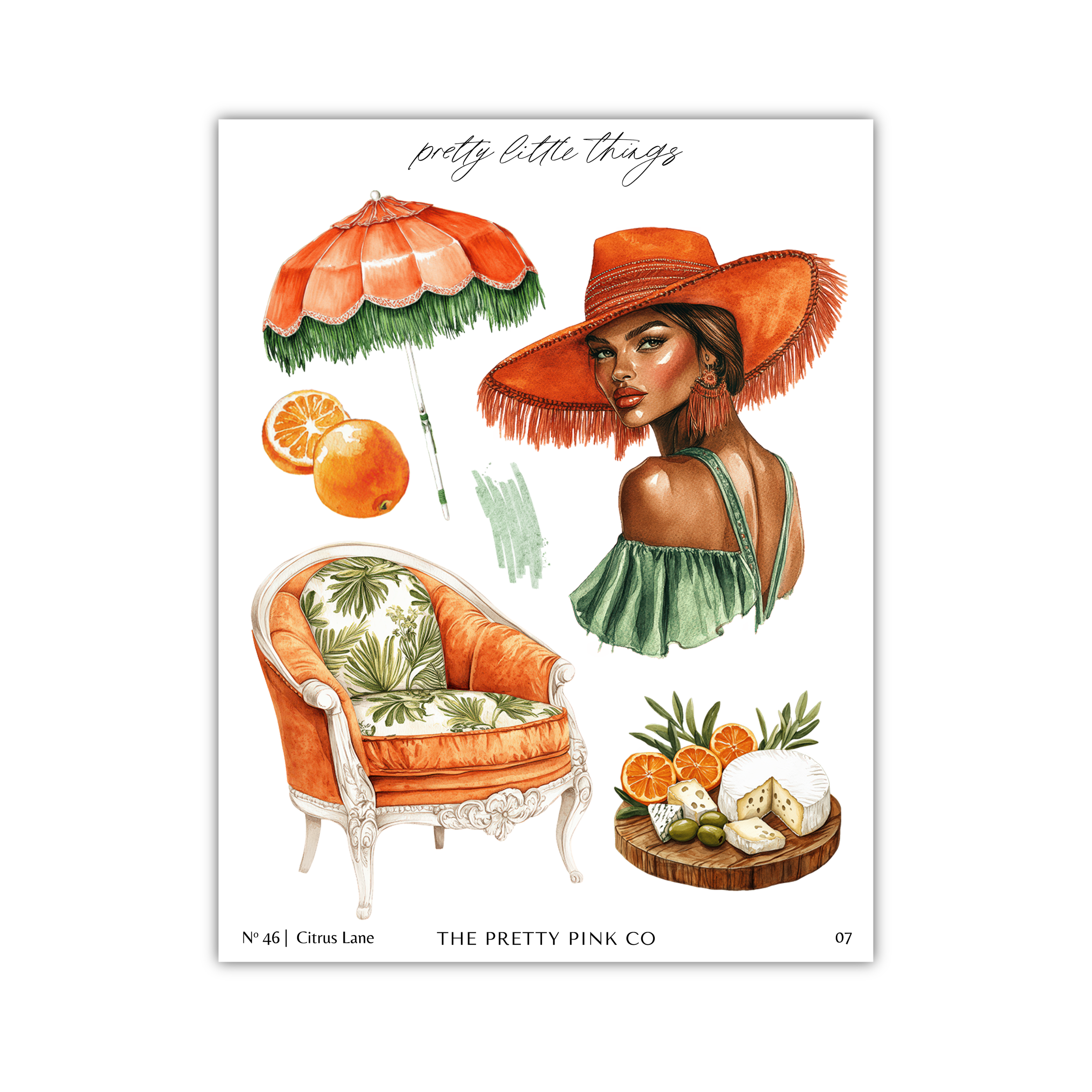 The image is a collage of various objects, including a woman wearing a large hat, an orange umbrella, a chair with a tropical print, a plate of fruit, and a piece of cheese.