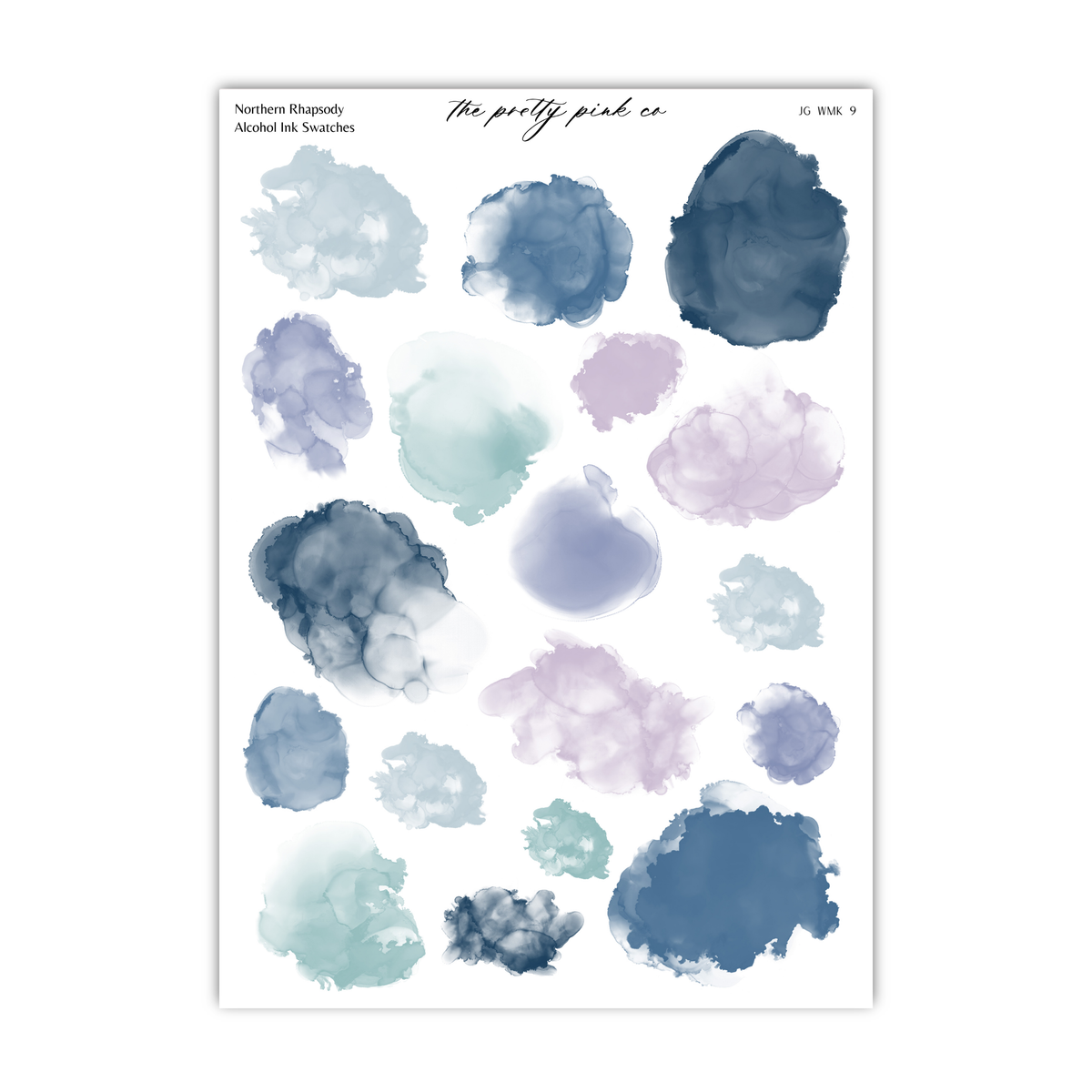 a collection of abstract watercolor brush strokes in various shades of blue, purple, and gray, arranged in a grid-like pattern.