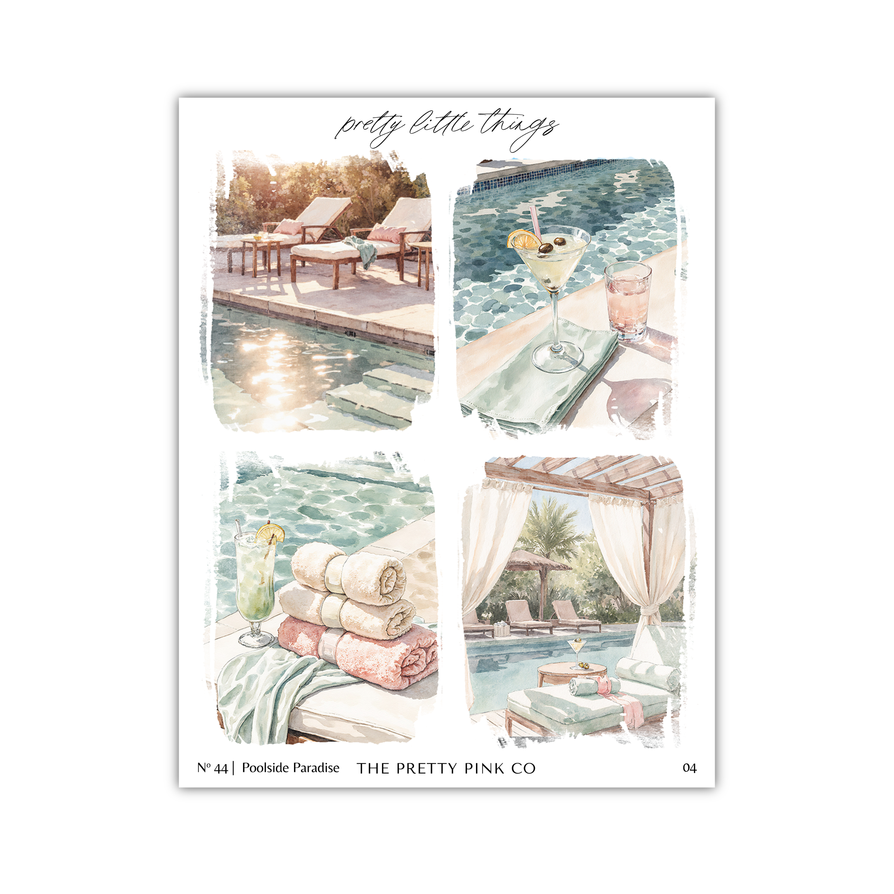 The image is a collage of four pictures depicting various scenes related to a poolside, including lounge chairs, a cocktail glass, and a towel.