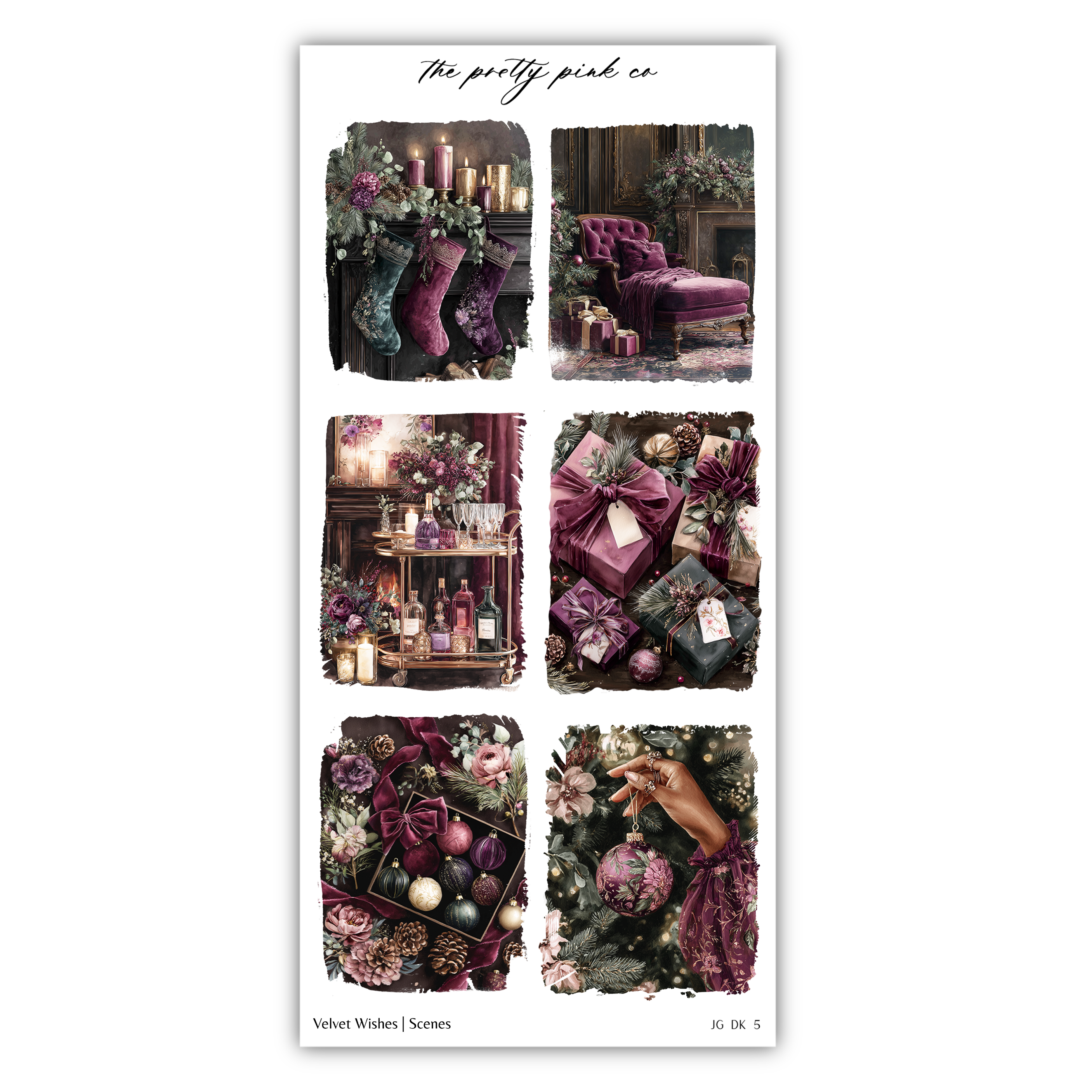 The image is a collage of six different scenes featuring various elements of a festive or holiday setting, including a fireplace, stockings, gifts, and decorative items.