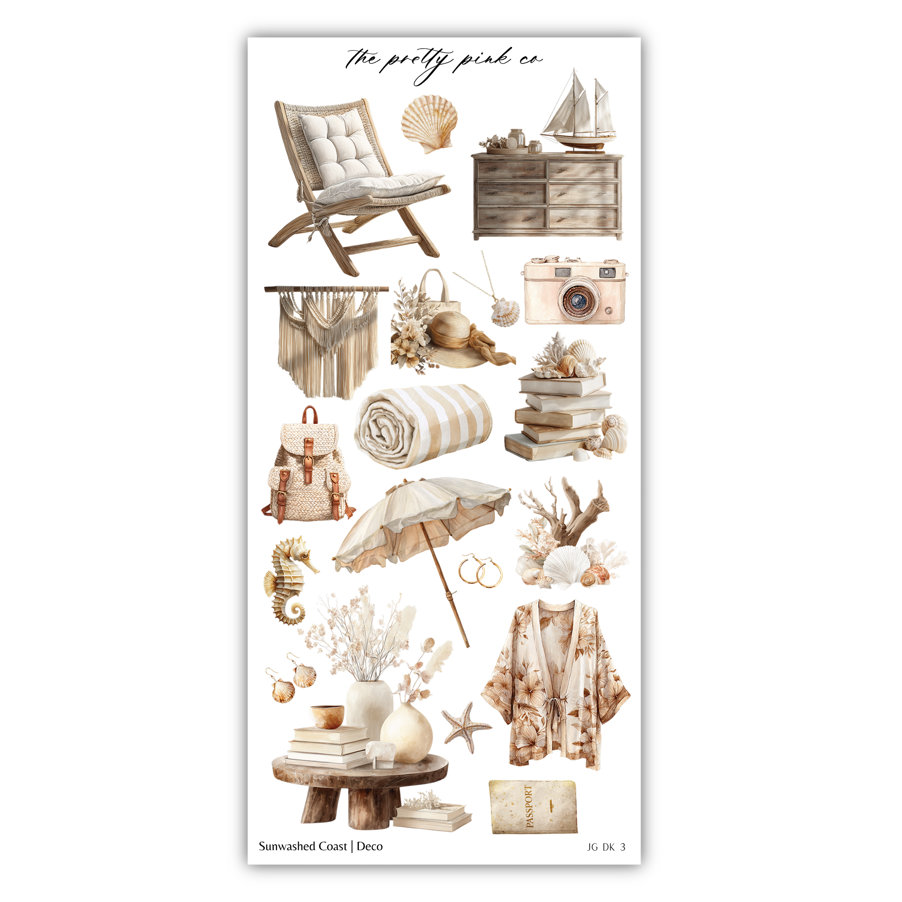 The image is a collage of various objects and items related to beach and coastal themes, including a chair, a camera, a sailboat, a backpack, a towel, an umbrella, a vase with flowers, a book, and a shell.